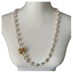CHANEL Vintage Gold Circle CC Faux Pearl Long Necklace
