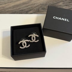 Chanel Crystal Pearl CC Logo Stud Silver Earrings