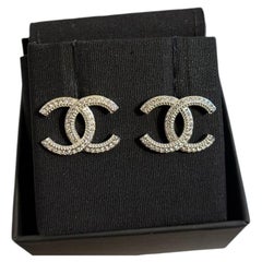 Chanel Crystal Pearl CC Logo Stud Silver Earrings