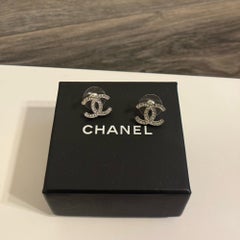 CHANEL Classic Small Silver CC Logo Crystal Stud Earrings