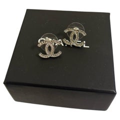 CHANEL Classic Small Silver CC Logo Crystal Stud Earrings