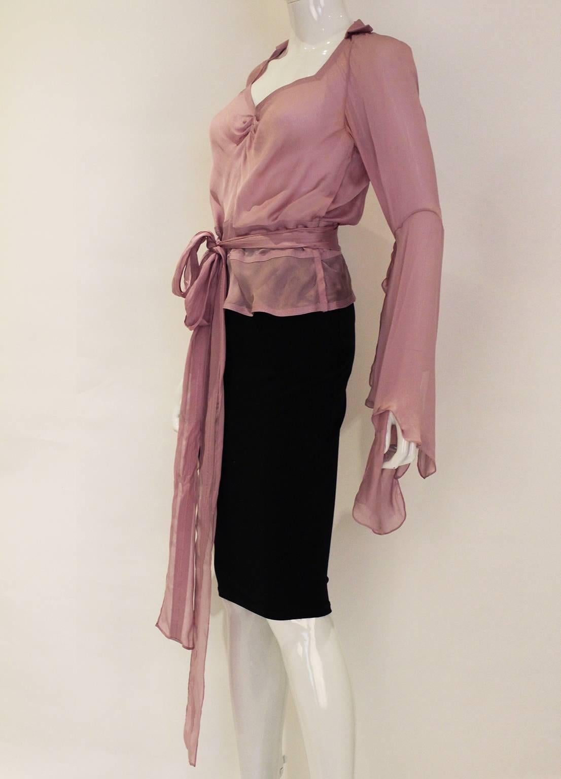 Brown 1990s YSL Lilac Silk Floaty Sleeved Blouse