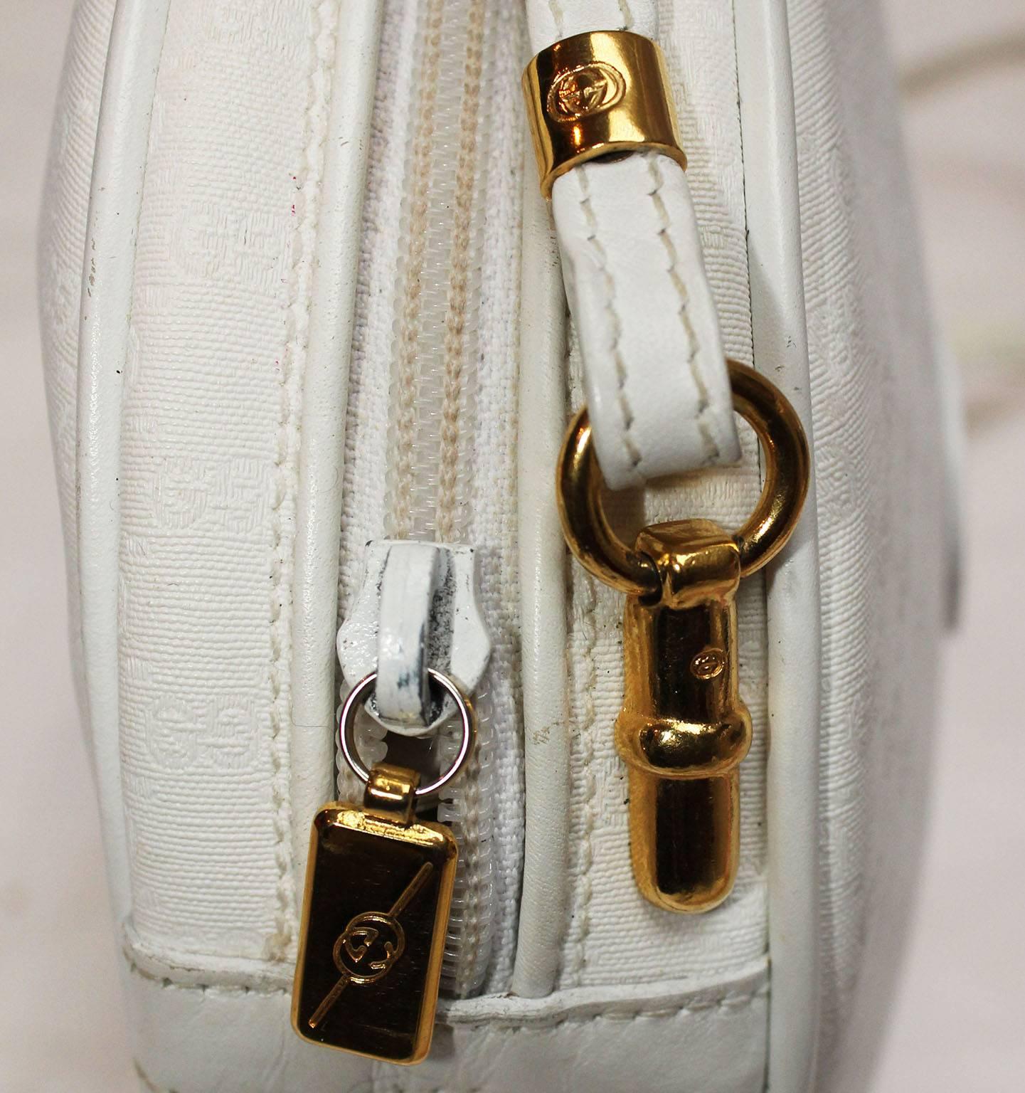 1980s Gucci White Leather Logo Embossed Crossbody Bag 1