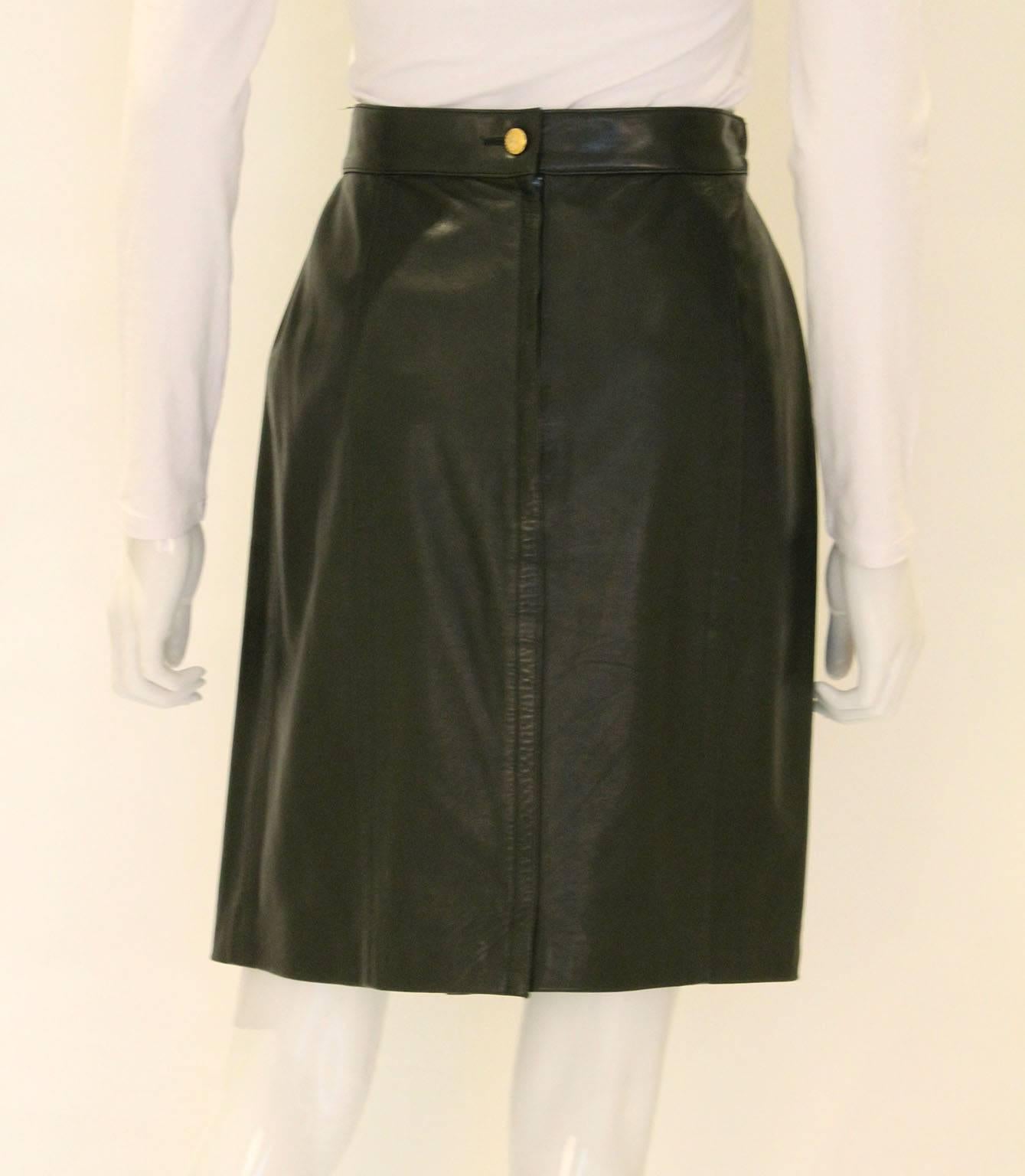 Black  Celine  - Chic Olive Green Leather Skirt 