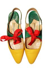 1980s Yellow and Green Leather Manolo Blahnik Sling Back Shoes