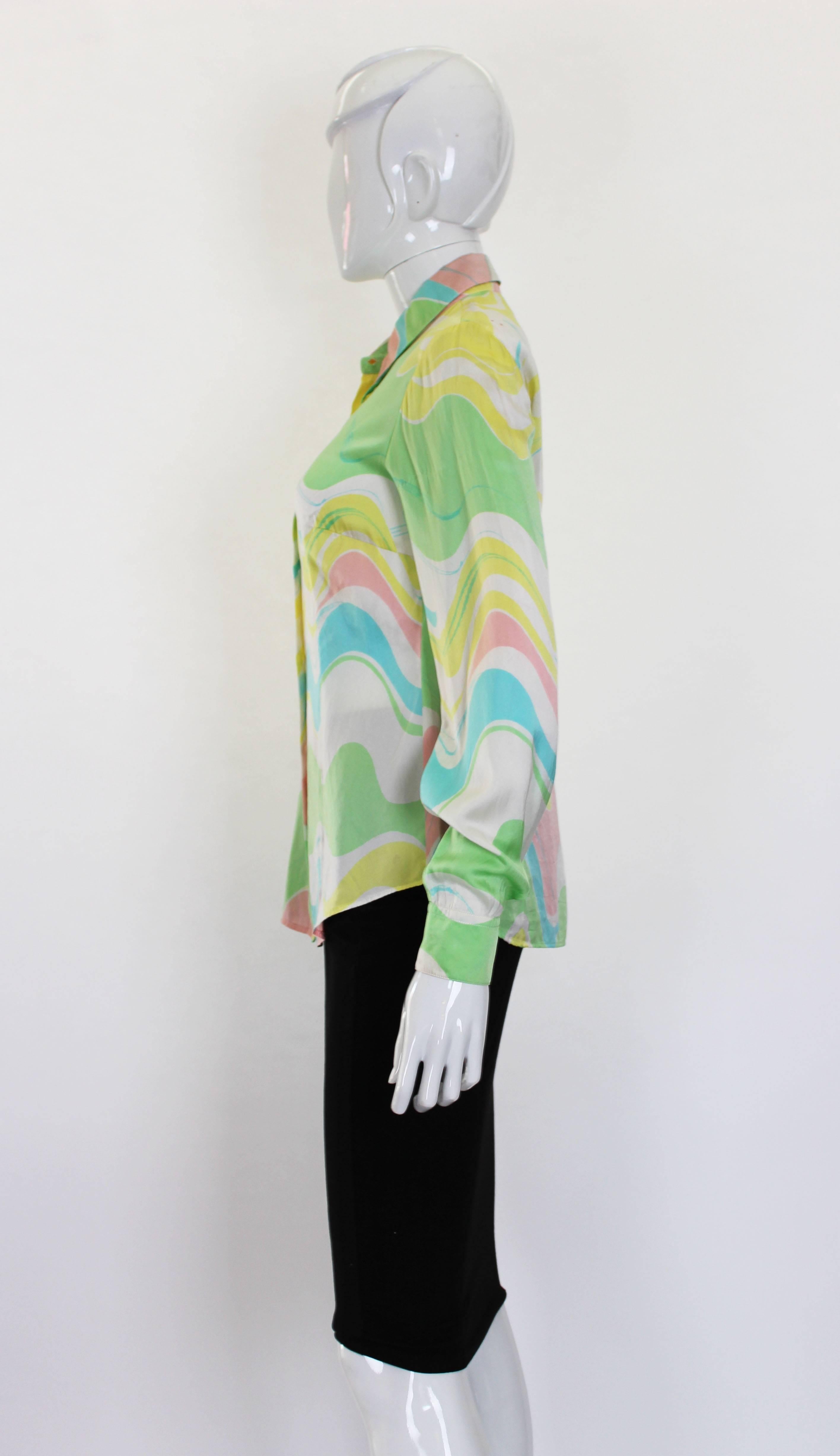 1980s Multicoloured Wave Print Silk Satin Blouse In Good Condition In London, GB