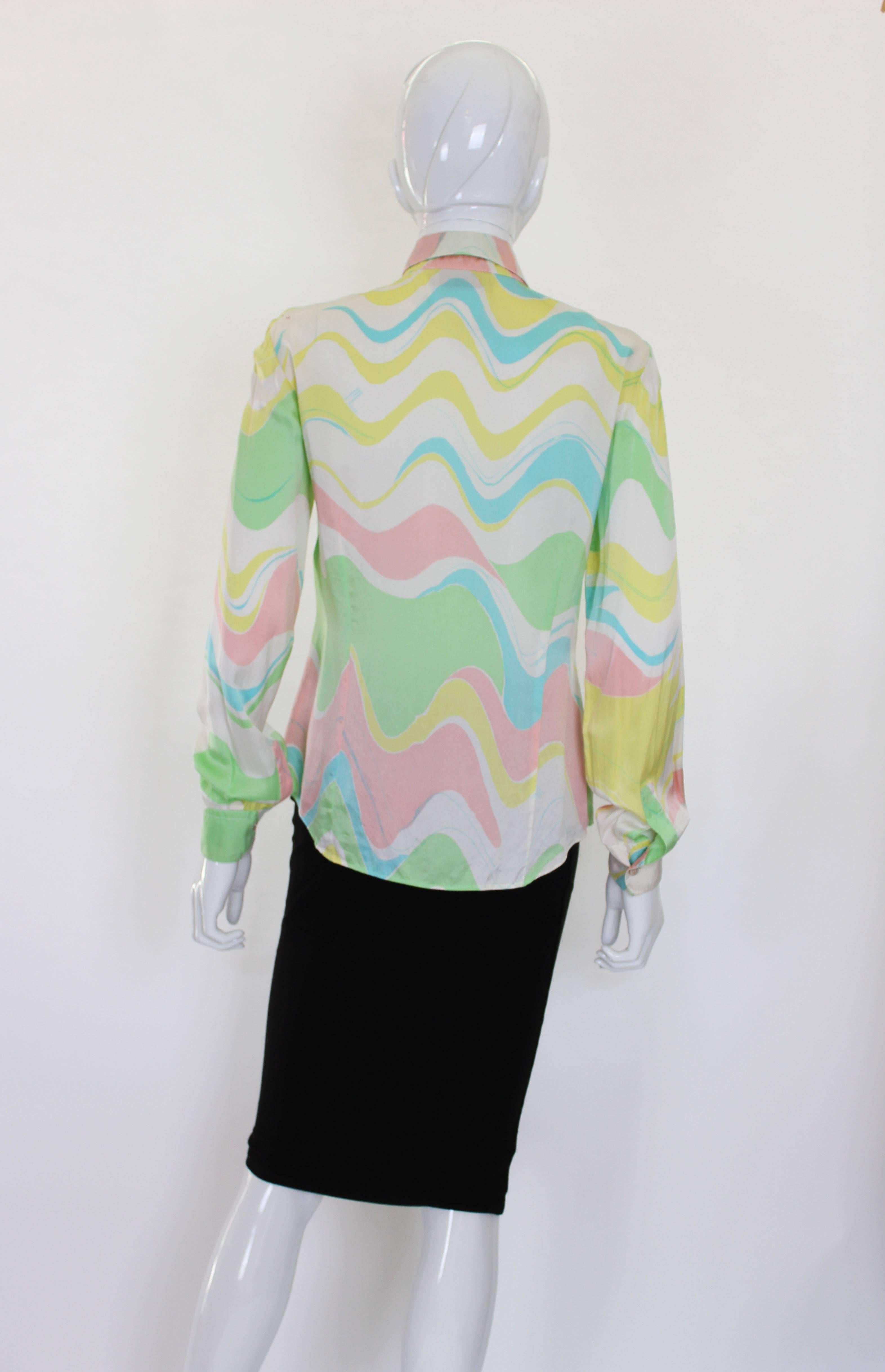 Women's 1980s Multicoloured Wave Print Silk Satin Blouse