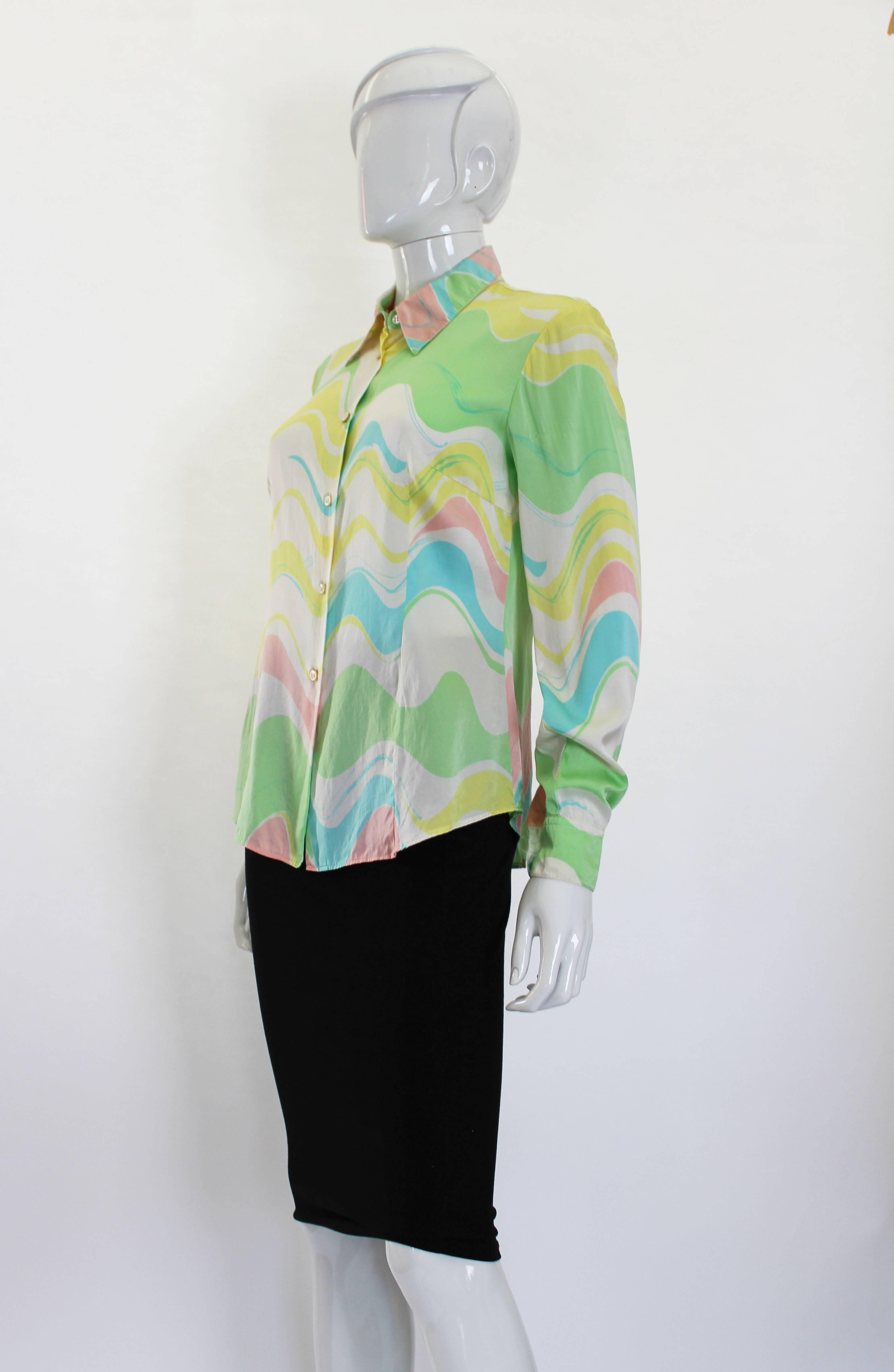 Green 1980s Multicoloured Wave Print Silk Satin Blouse