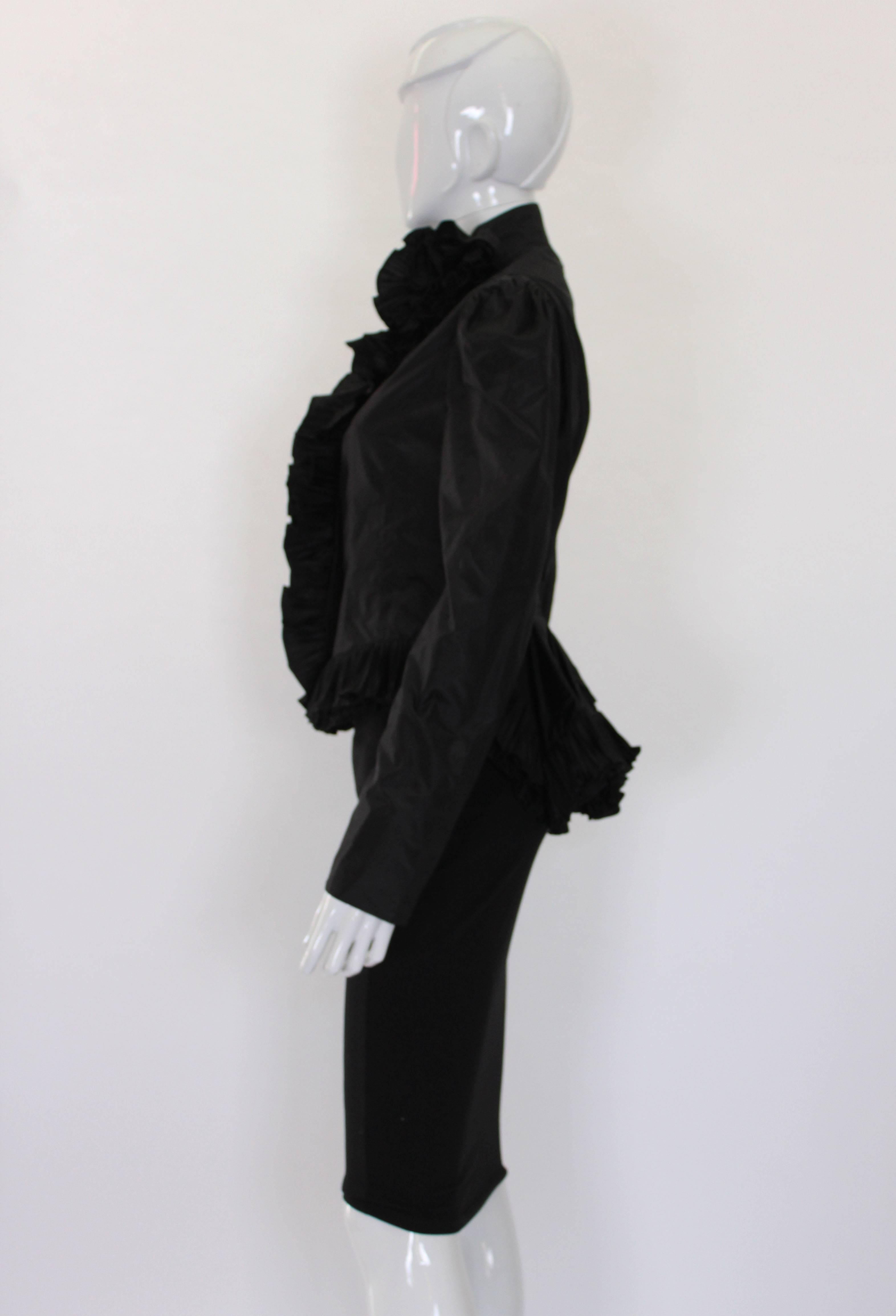 Yves Saint Laurent Rive Gauche Black Silk Jacket with Ruffles In Excellent Condition In London, GB