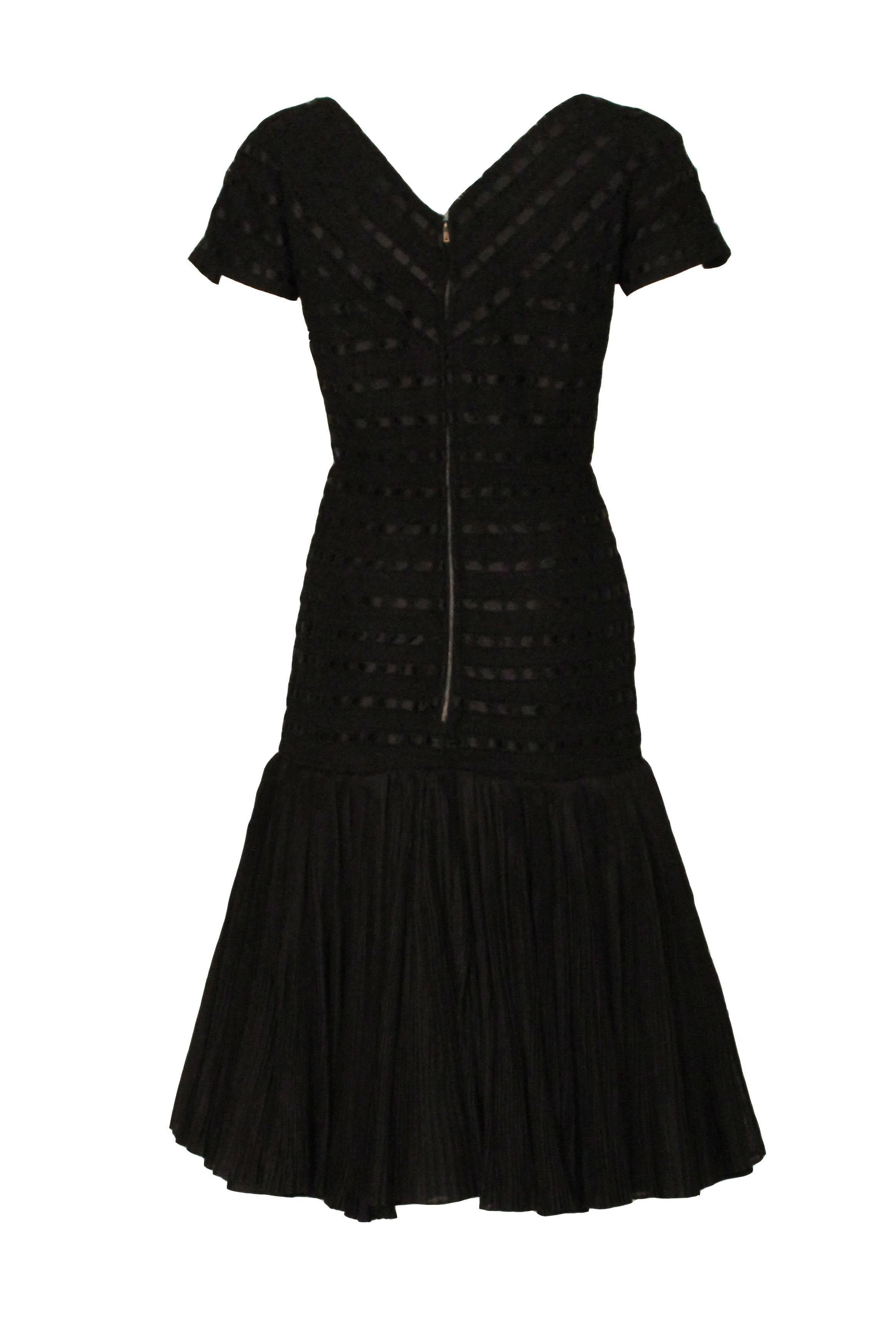 Black 1950s Sybill Connolly Couture Crochet and Ribbon Dress