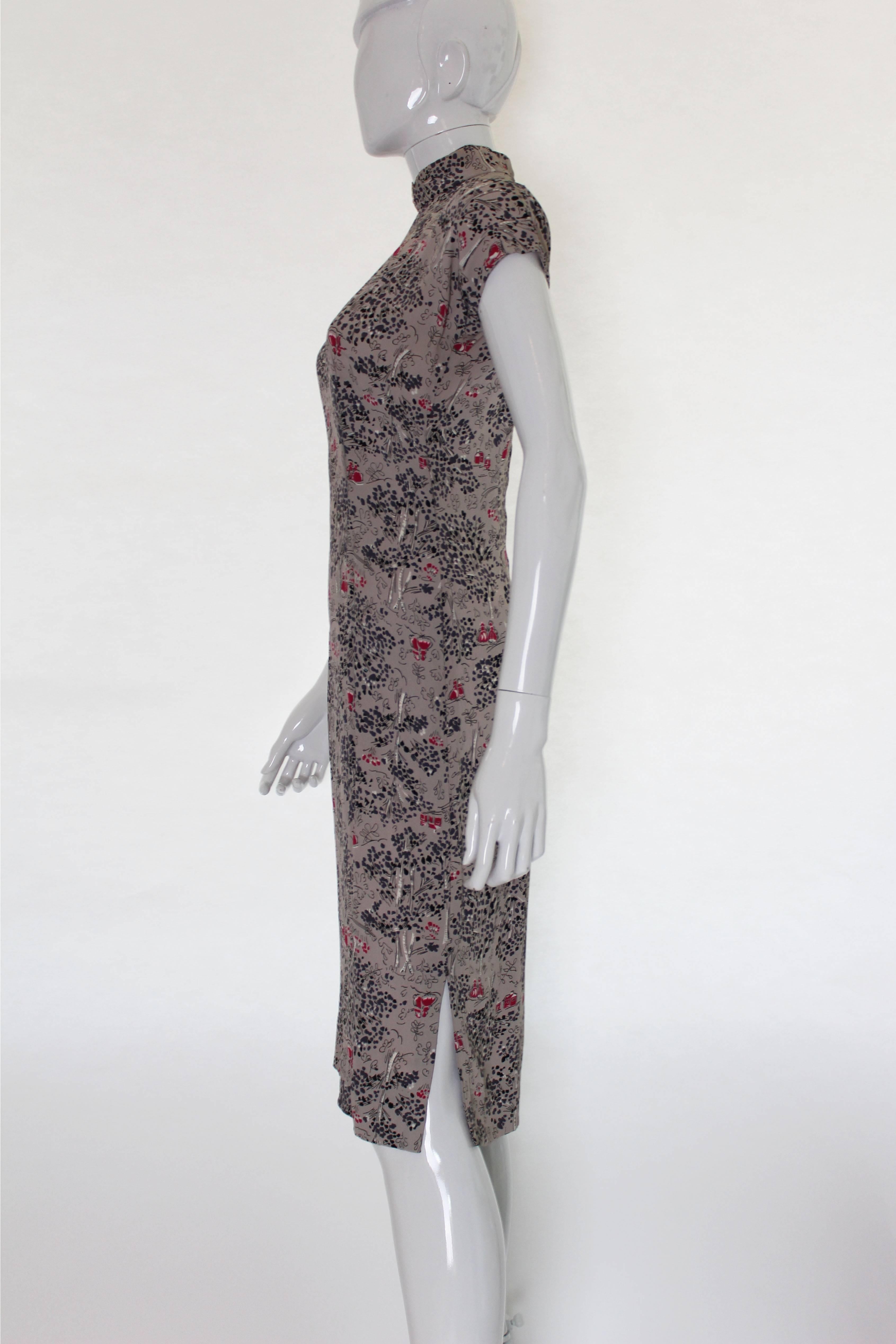 Gray 1940s Chinese Style Print Grey Silk Vintage Dress