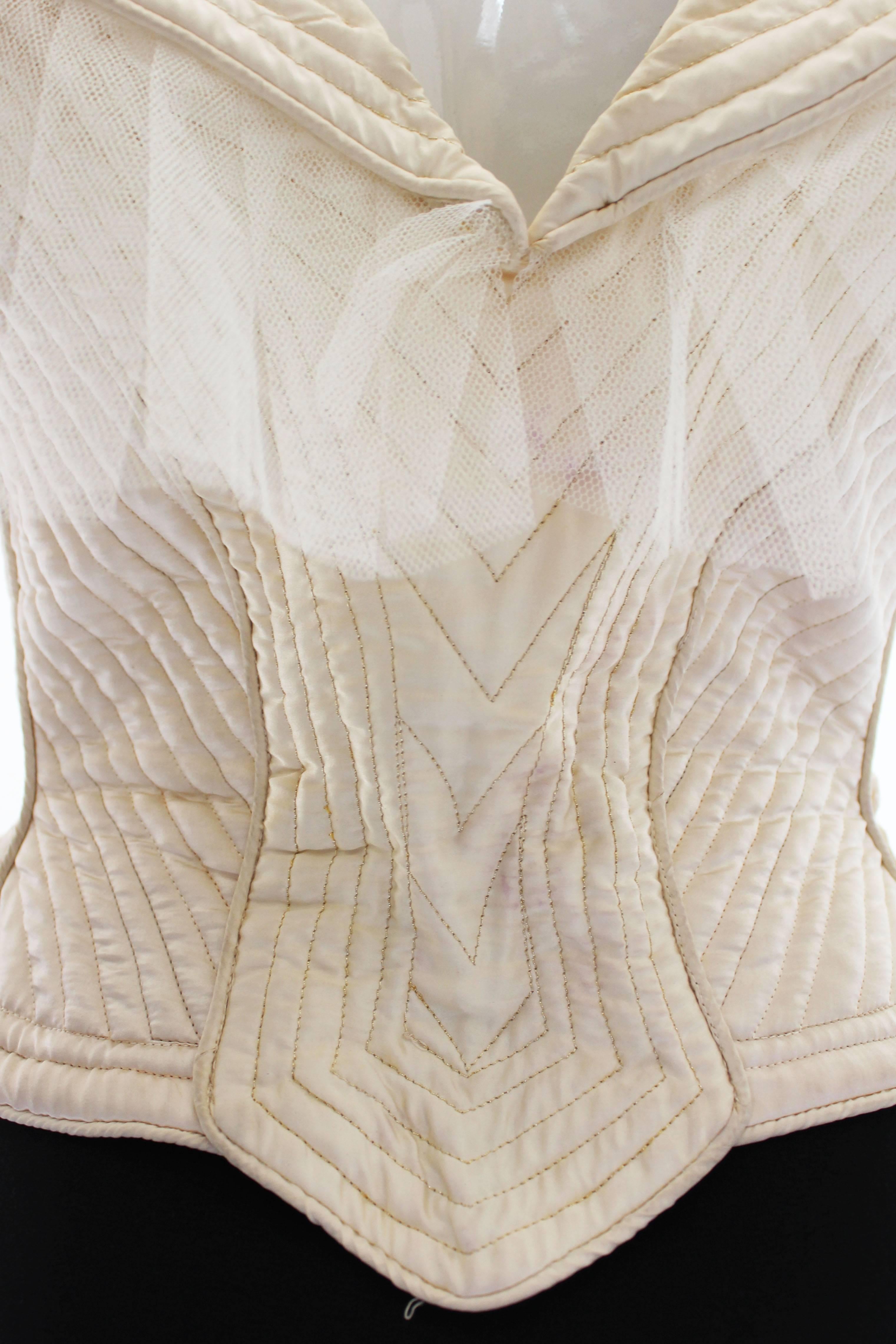 1970s Ivory Quilted Satin Corset Style Vintage Waistcoat by Penny Green In Excellent Condition In London, GB