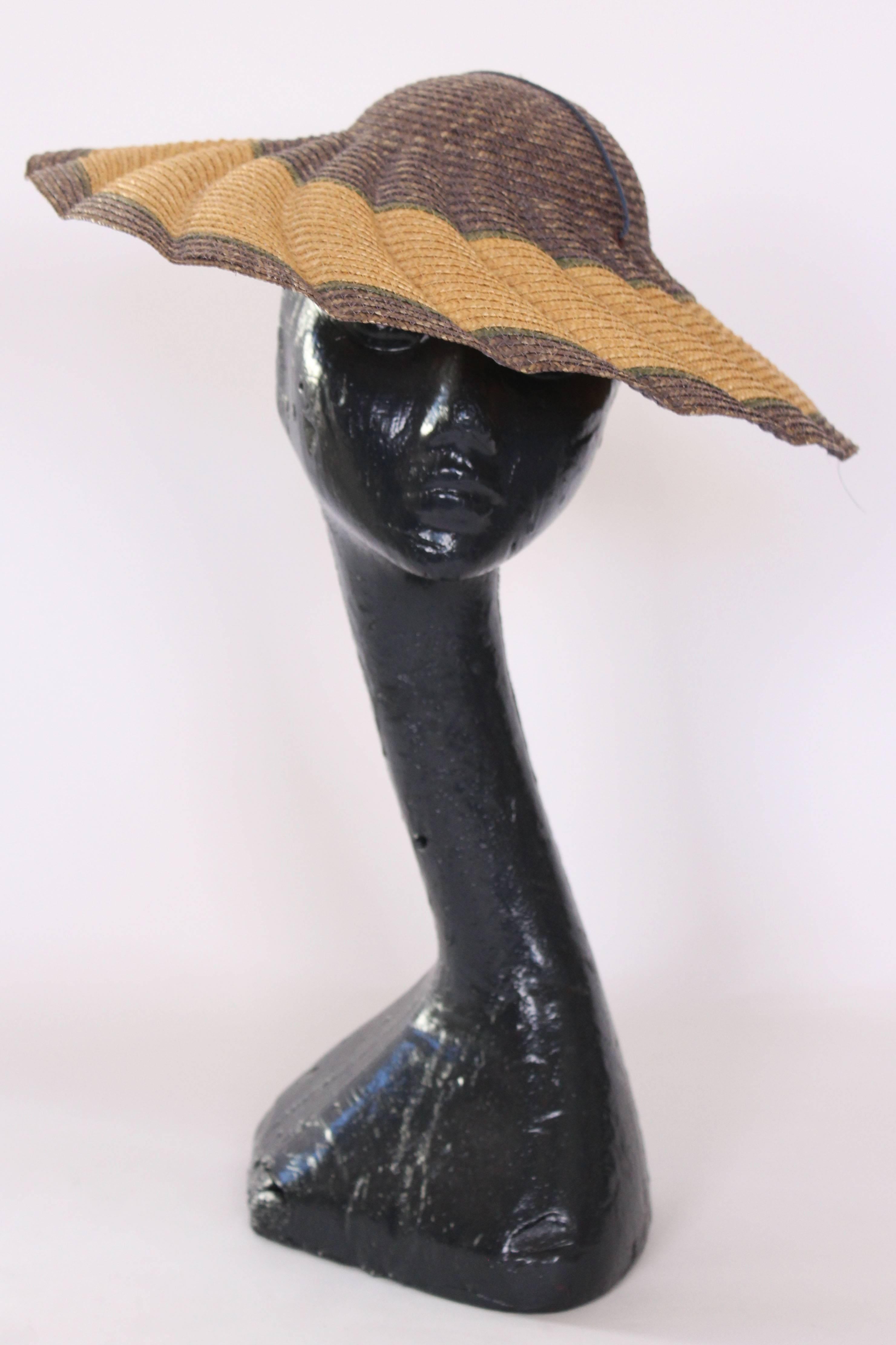 White 1950s Straw, Wave Detail Purple & Cream Saucer Hat