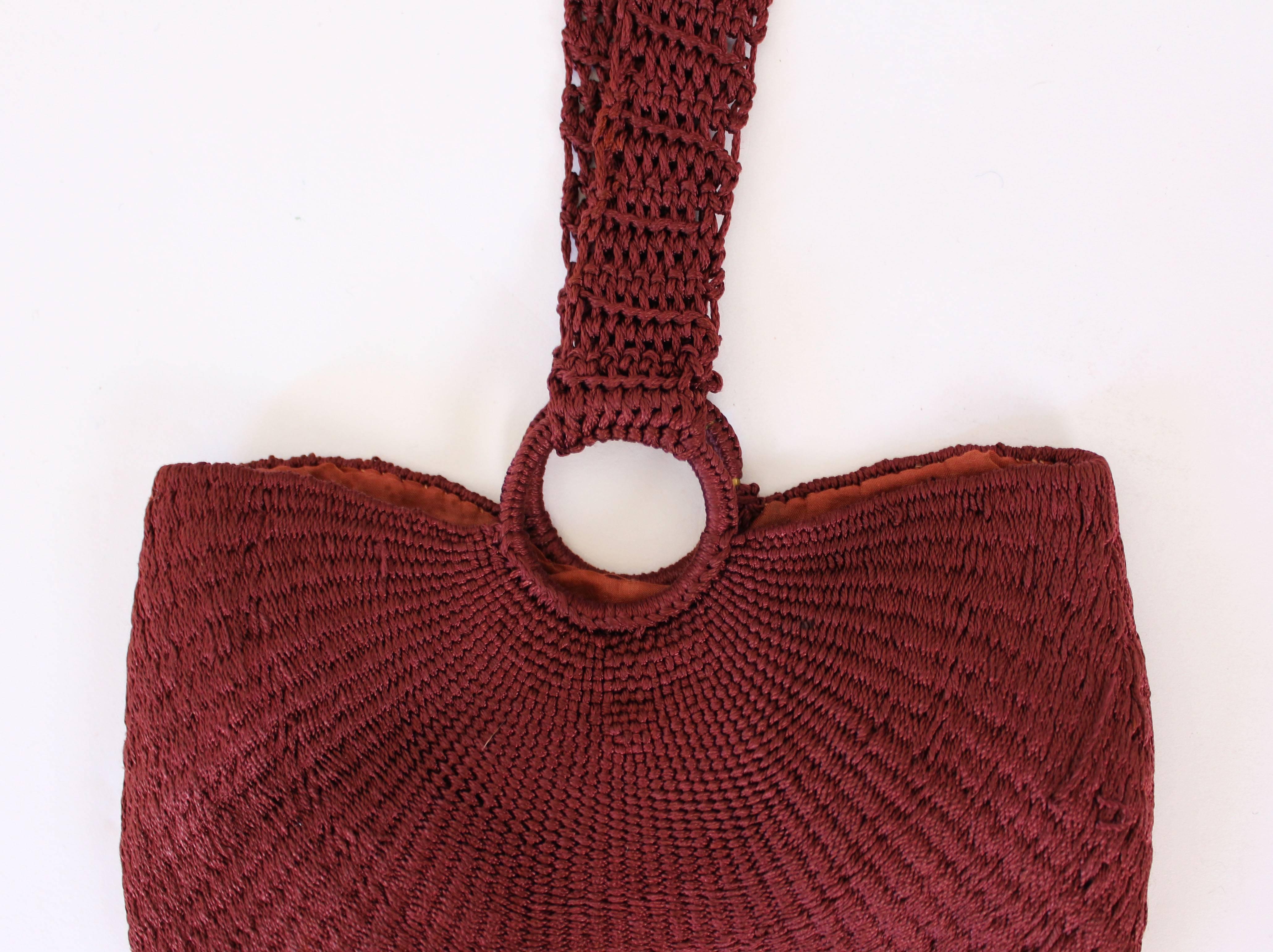 Brown 1920s Crochet Burgundy Vintage Evening Bag