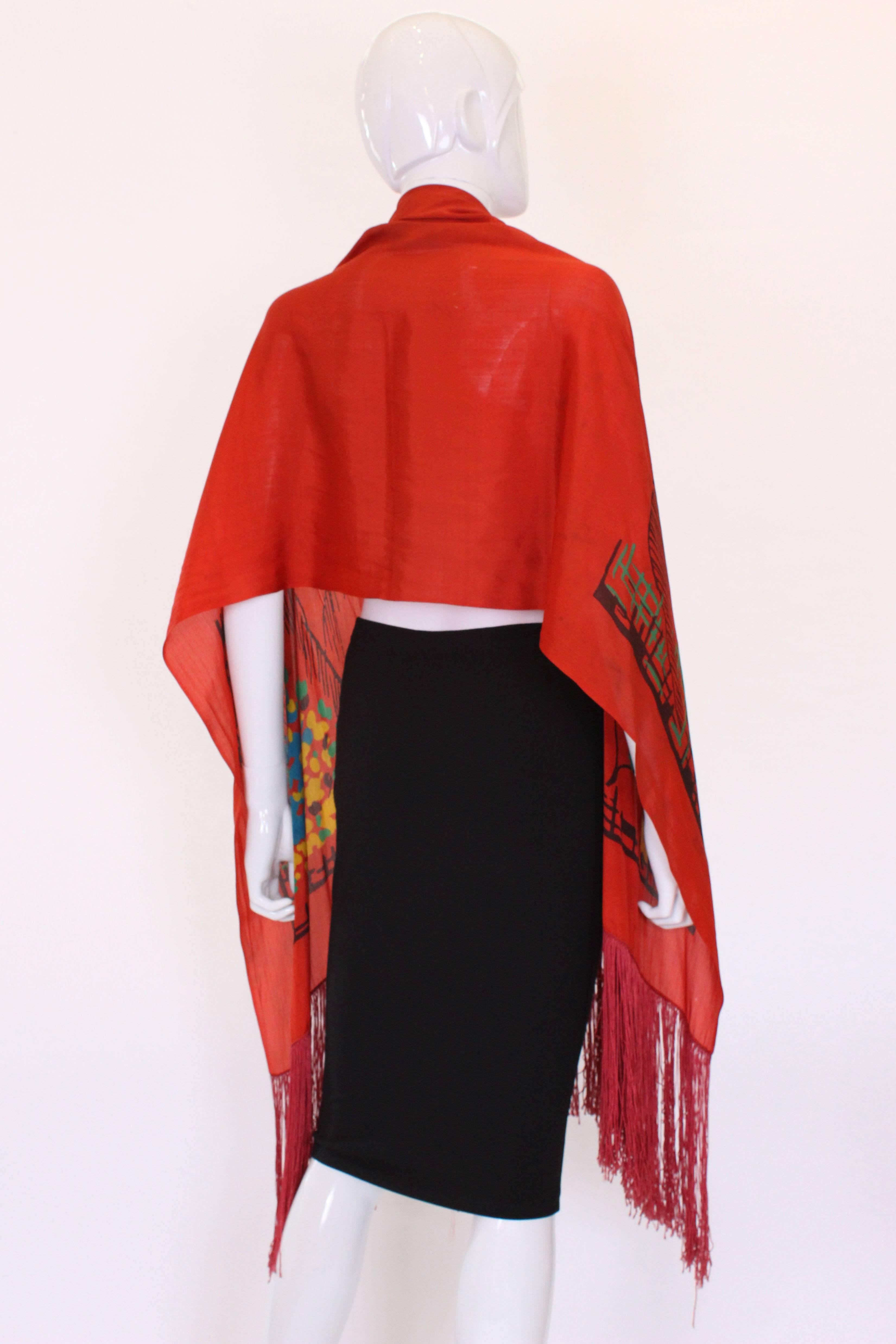 Women's 1920s Silk Hand Painted, Fringed Red Shawl