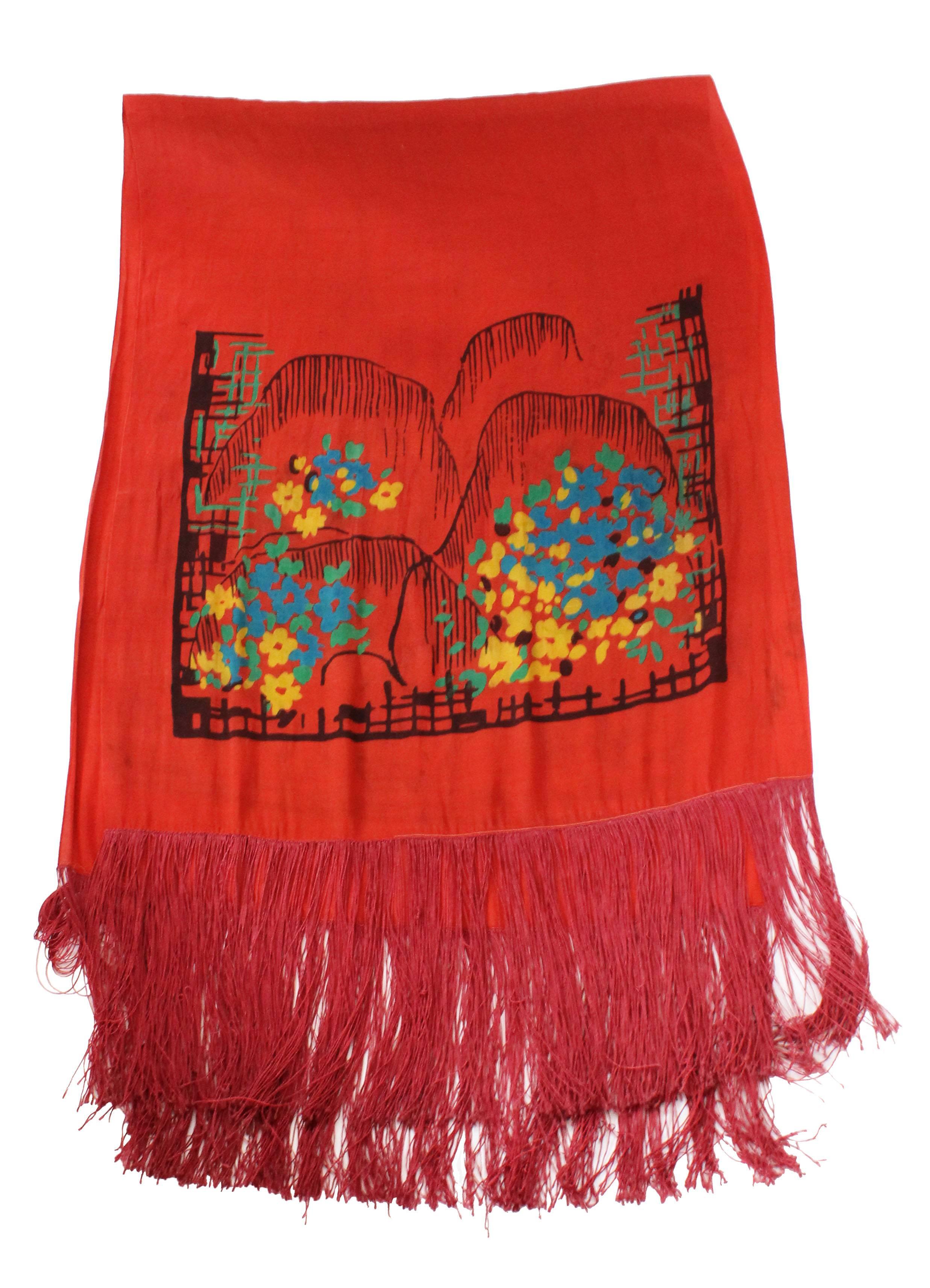 1920s Silk Hand Painted, Fringed Red Shawl 1