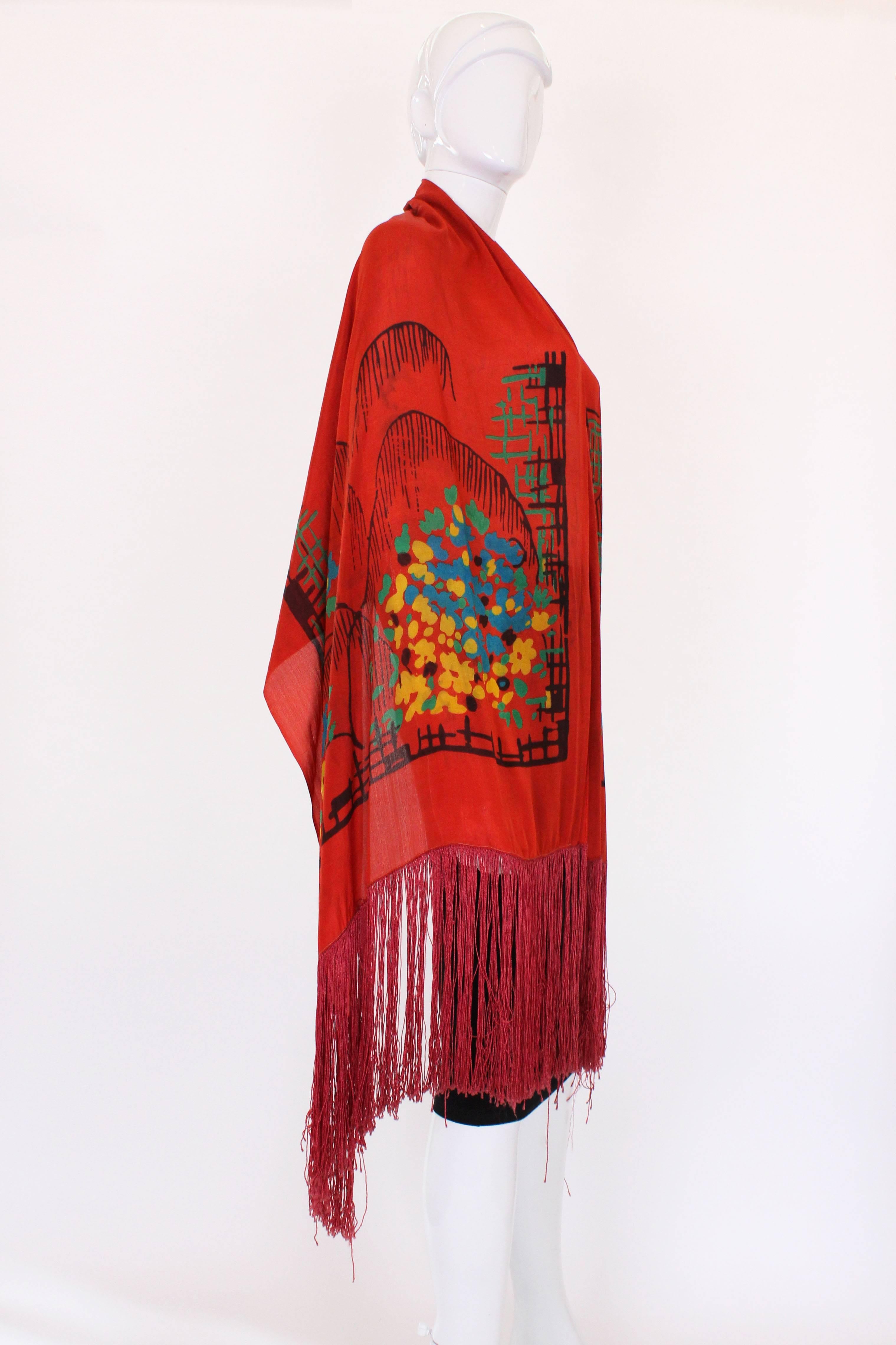 1920s Silk Hand Painted, Fringed Red Shawl In Excellent Condition In London, GB