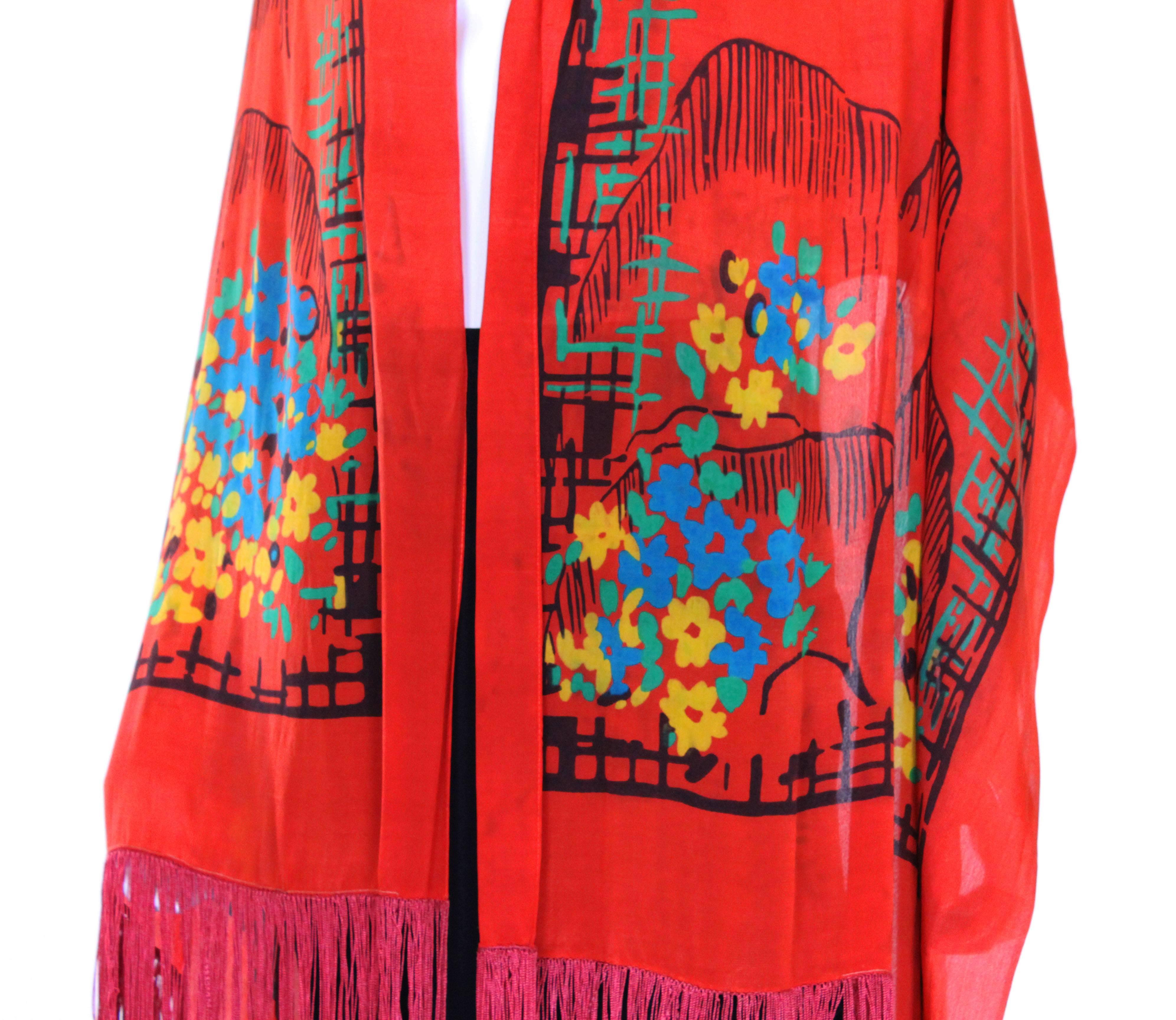 1920s Silk Hand Painted, Fringed Red Shawl 2