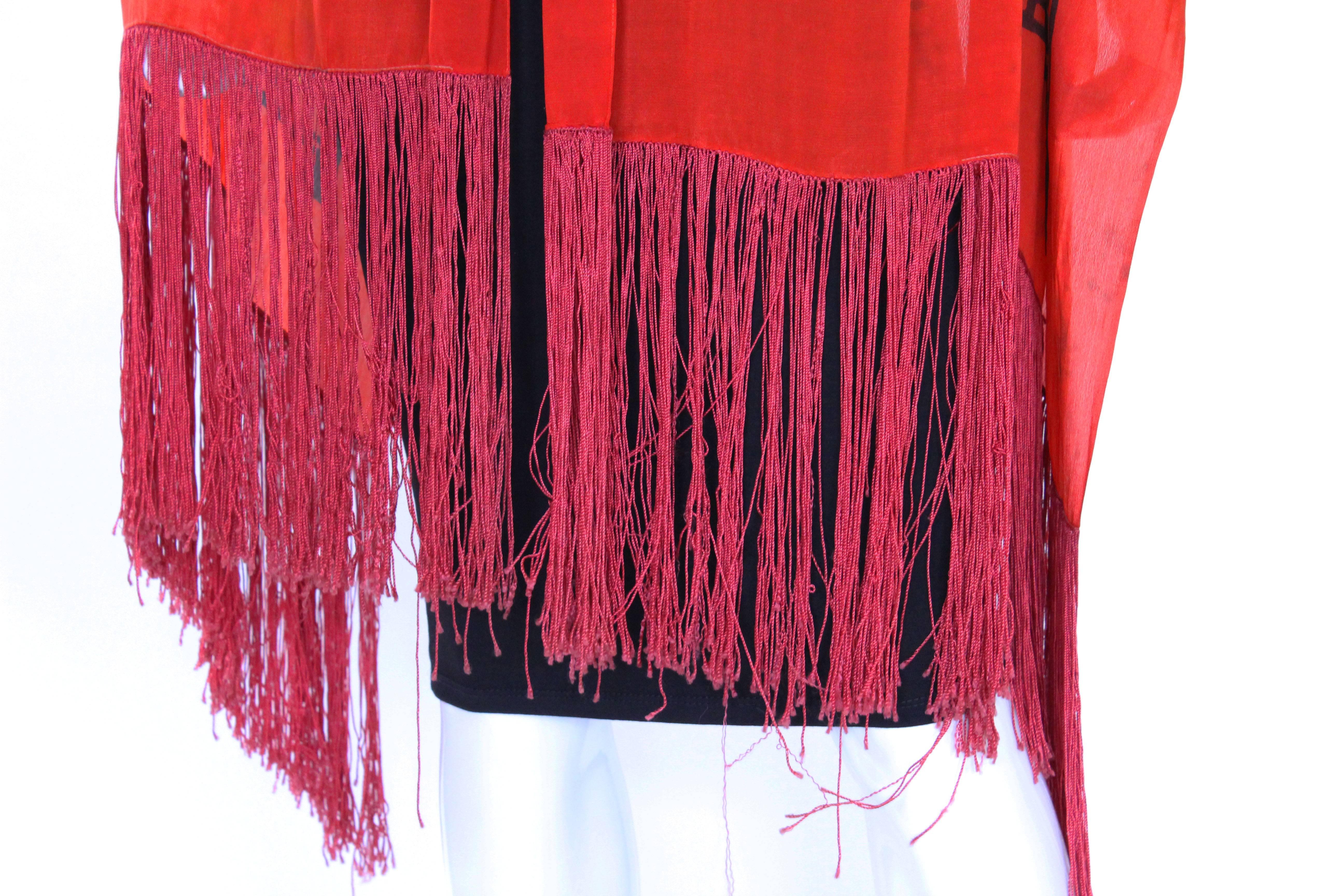 1920s Silk Hand Painted, Fringed Red Shawl 3