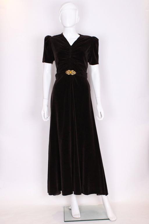 1930s Brown Velvet Gold Belted Dress at 1stDibs