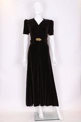 1930s Brown Velvet Gold Belted Dress