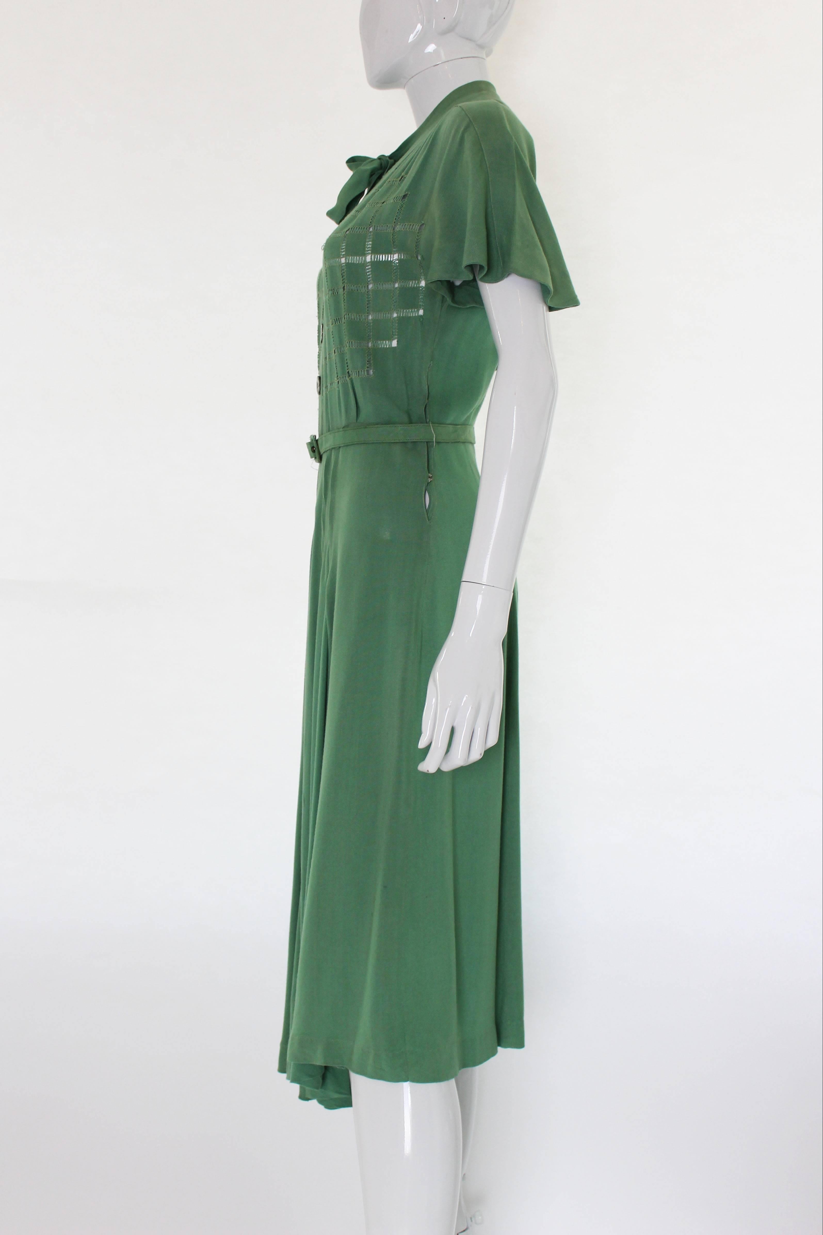Gray 1940s Green Cotton Neck Tie Day Dress