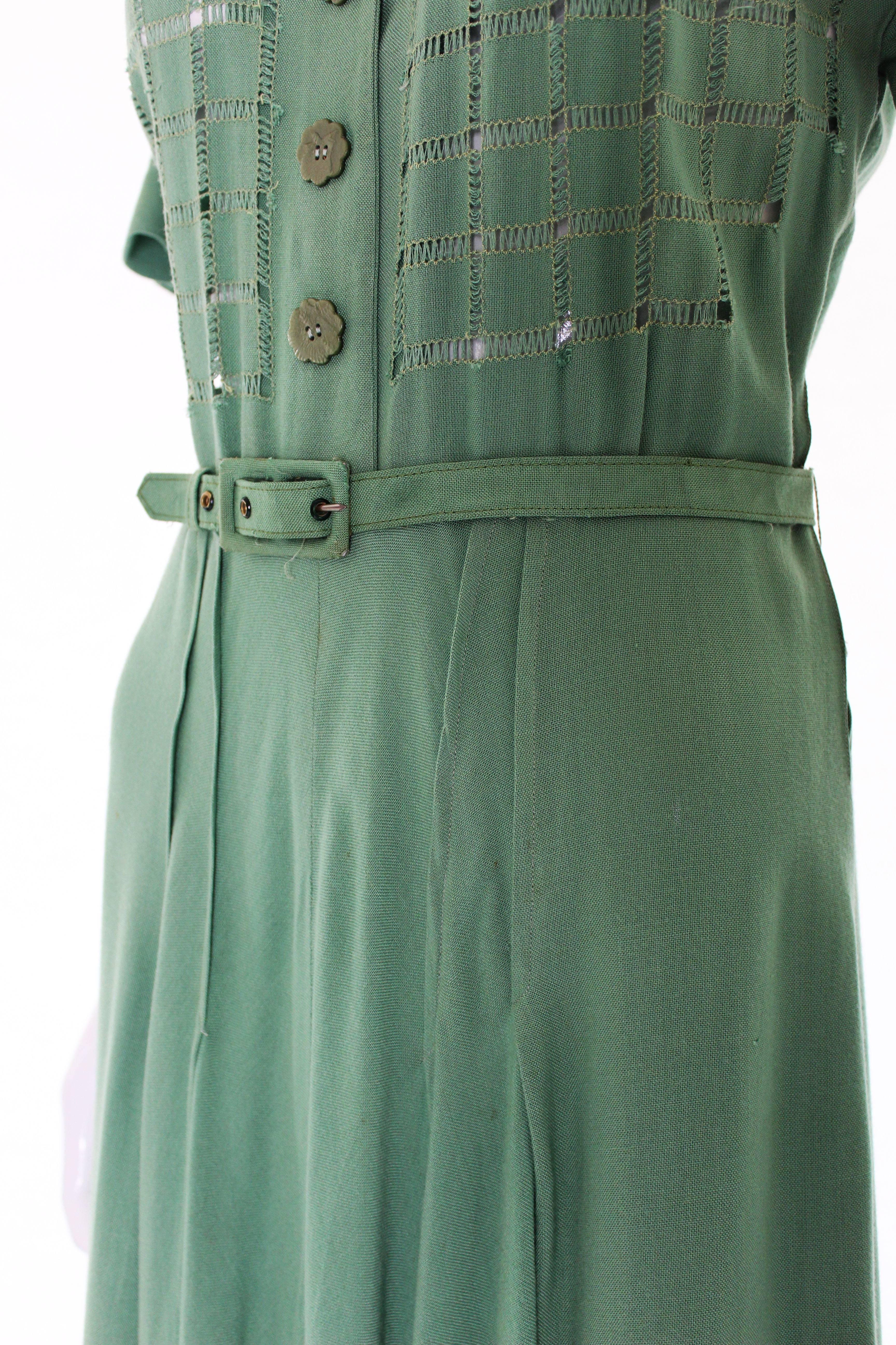 1940s Green Cotton Neck Tie Day Dress 2