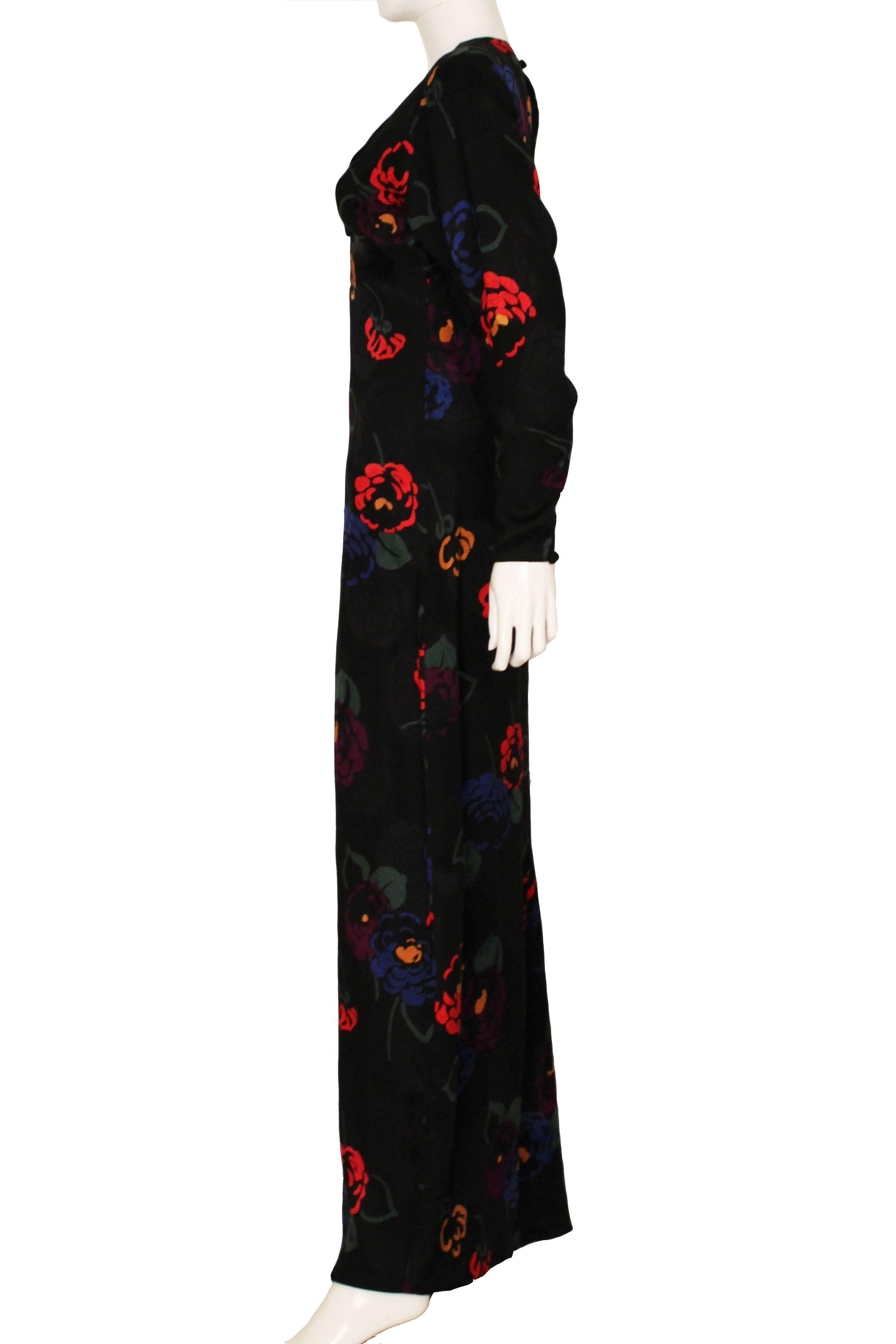 1970s Black Silk Floral Evening Dress In Excellent Condition In London, GB