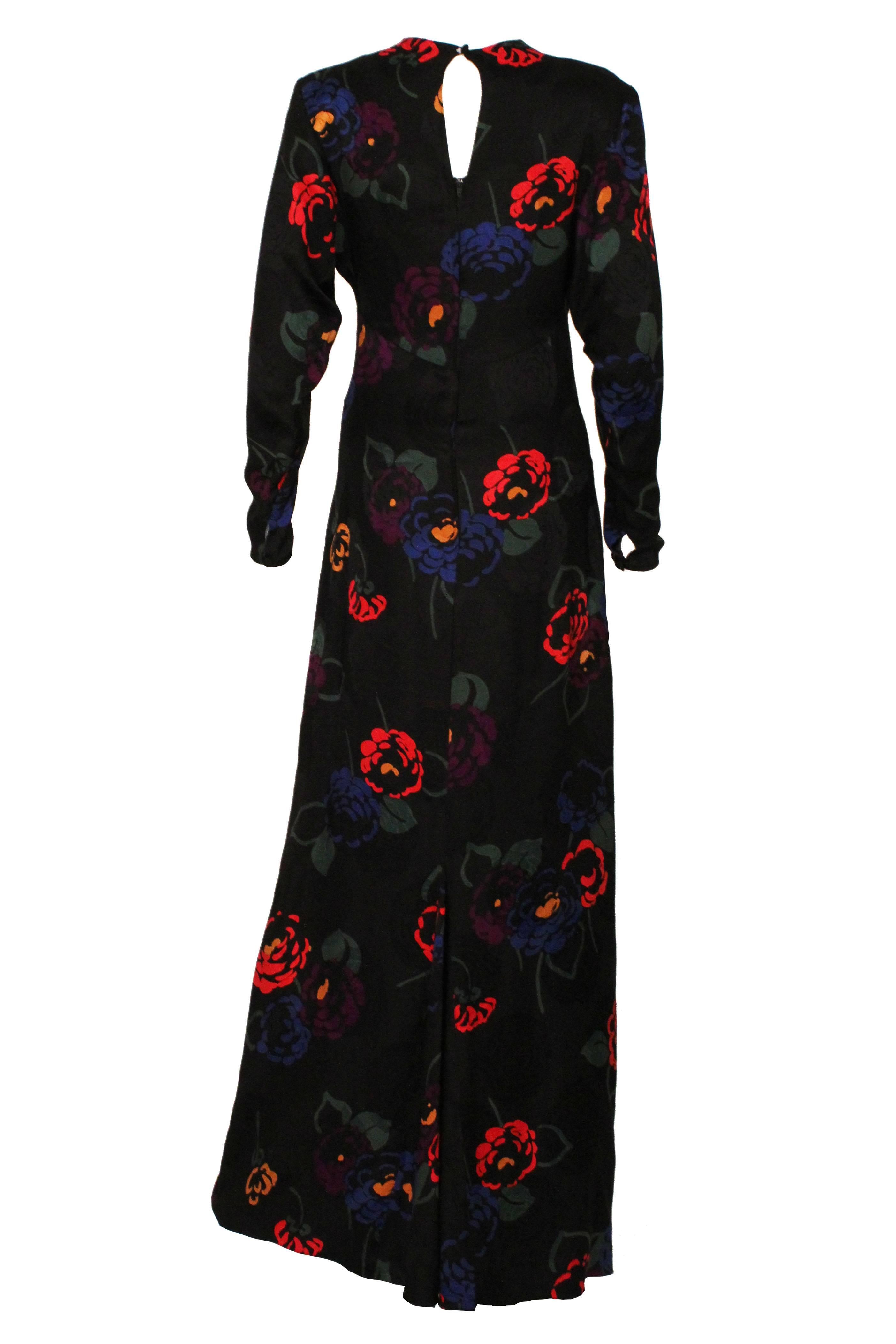 Women's 1970s Black Silk Floral Evening Dress