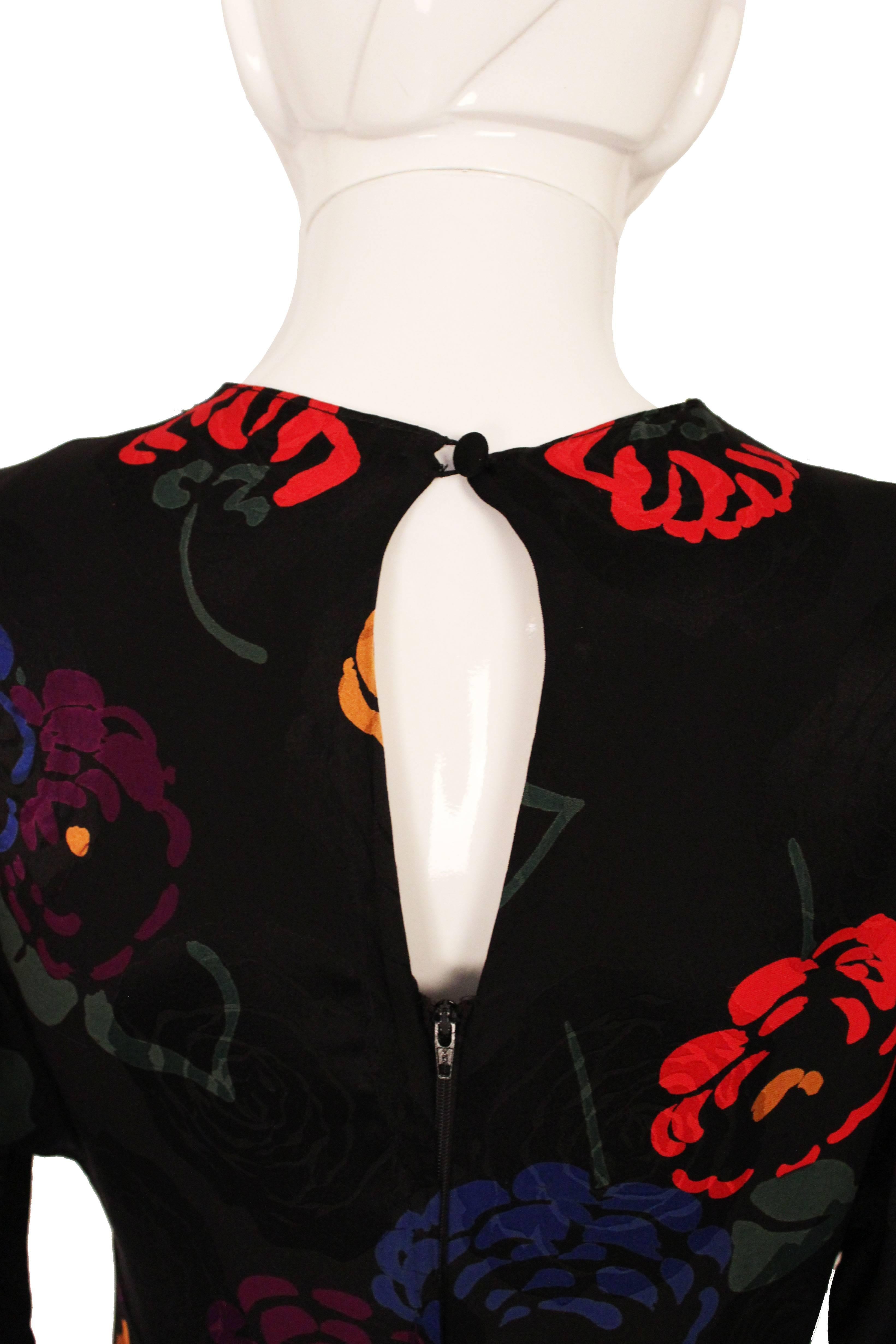 1970s Black Silk Floral Evening Dress 1