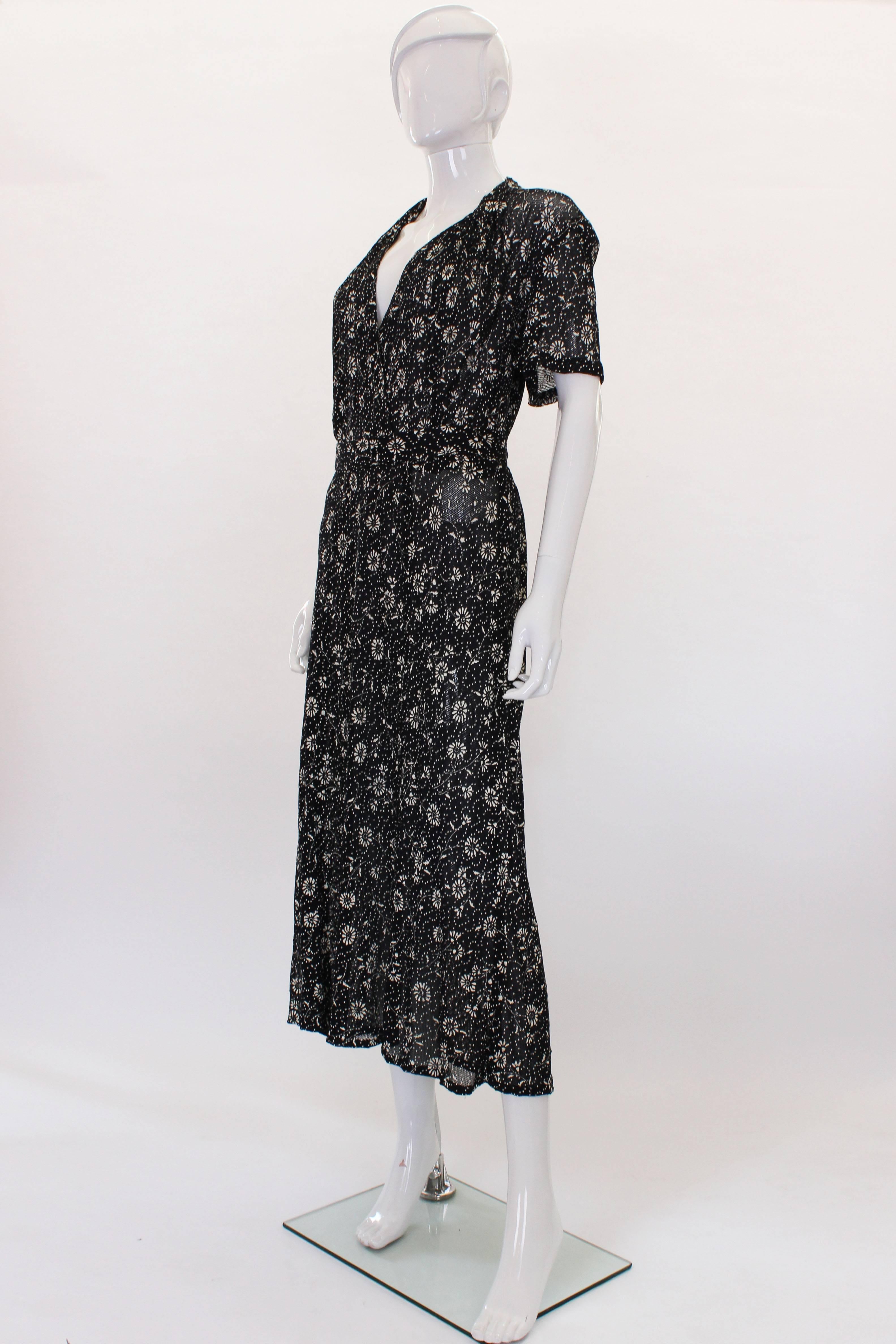 Black Unusual 1940s Stencil Printed Mesh Dress