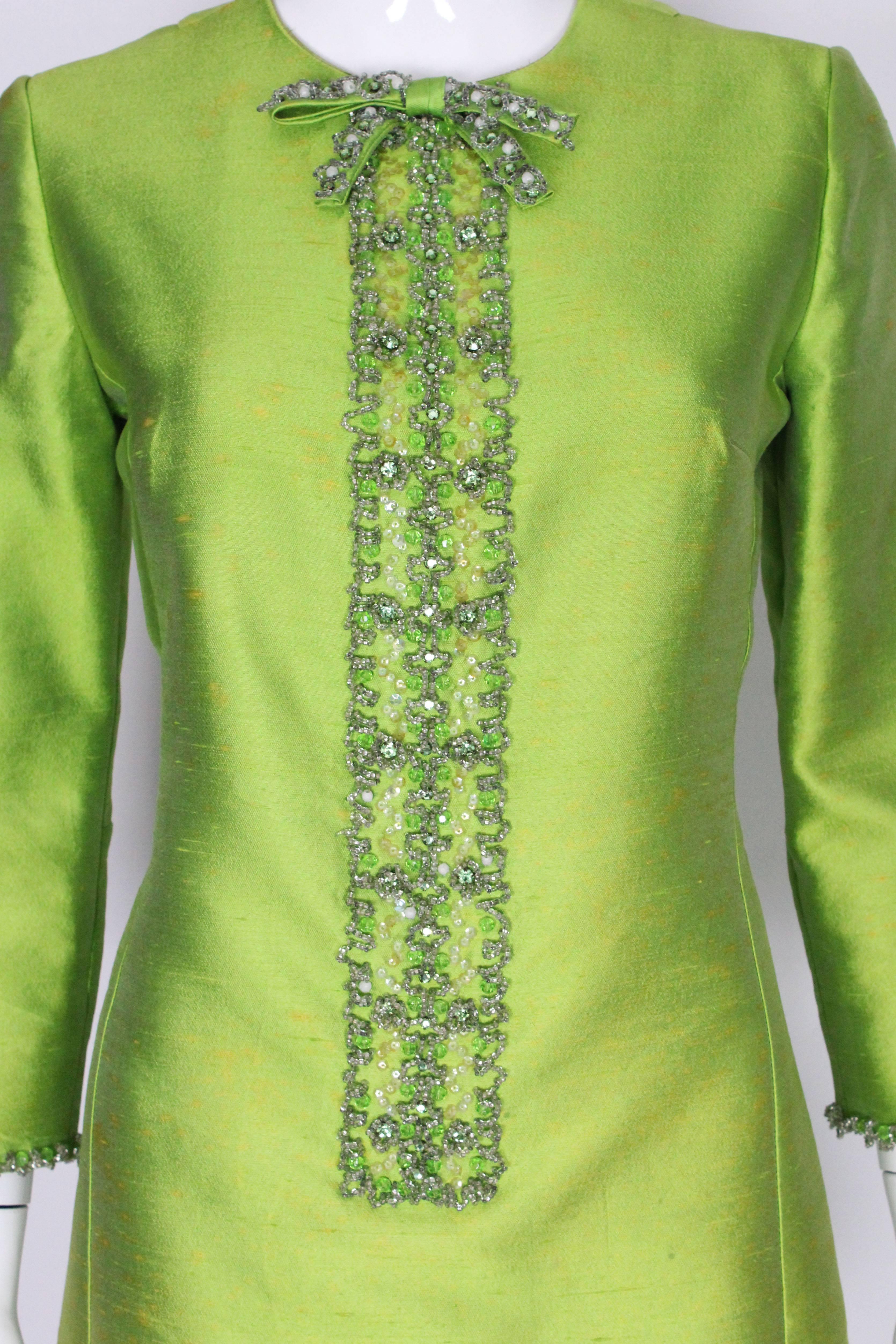 1960s Bright Green Embellished Silk Cocktail Dress In Good Condition For Sale In London, GB