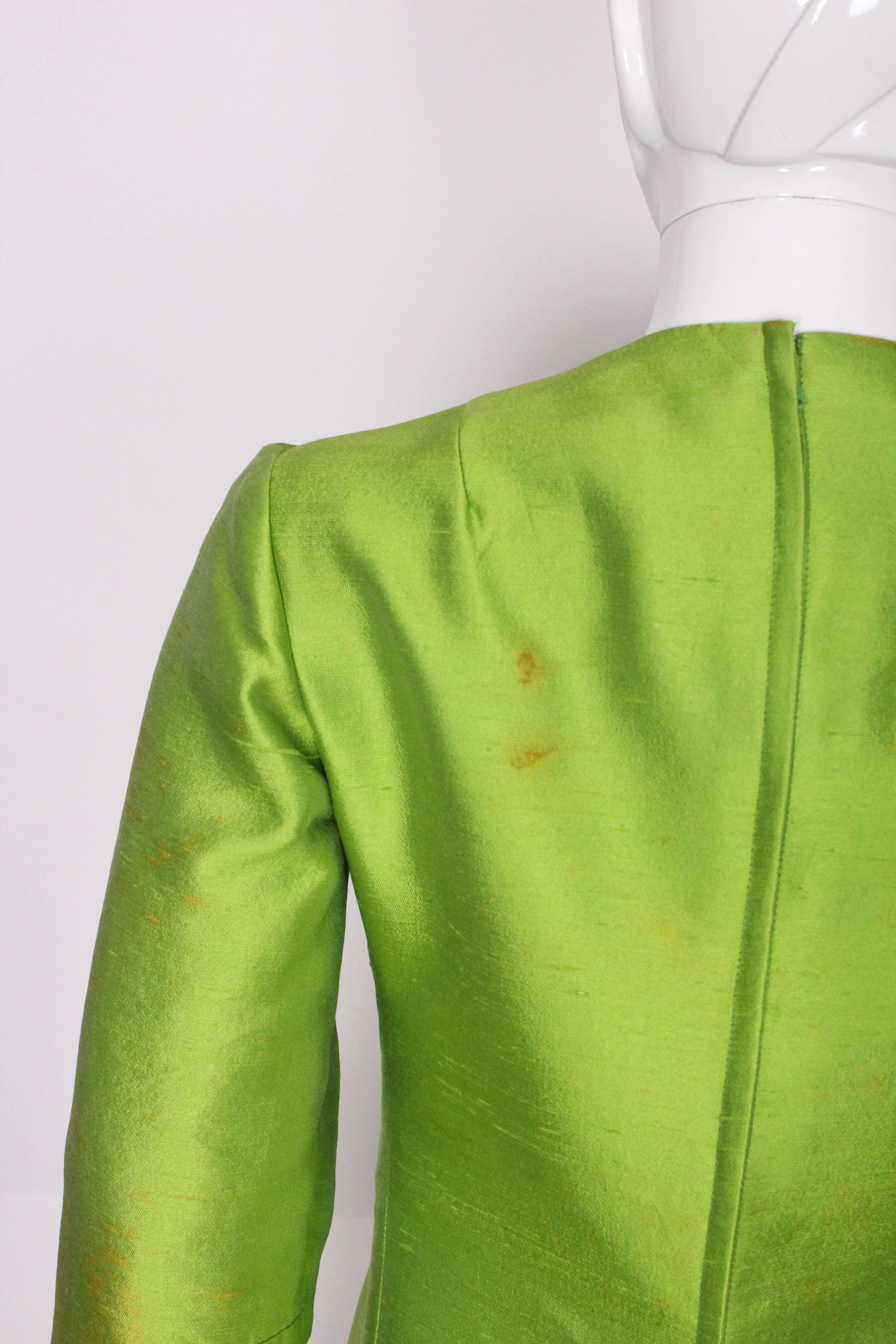 1960s Bright Green Embellished Silk Cocktail Dress For Sale 2