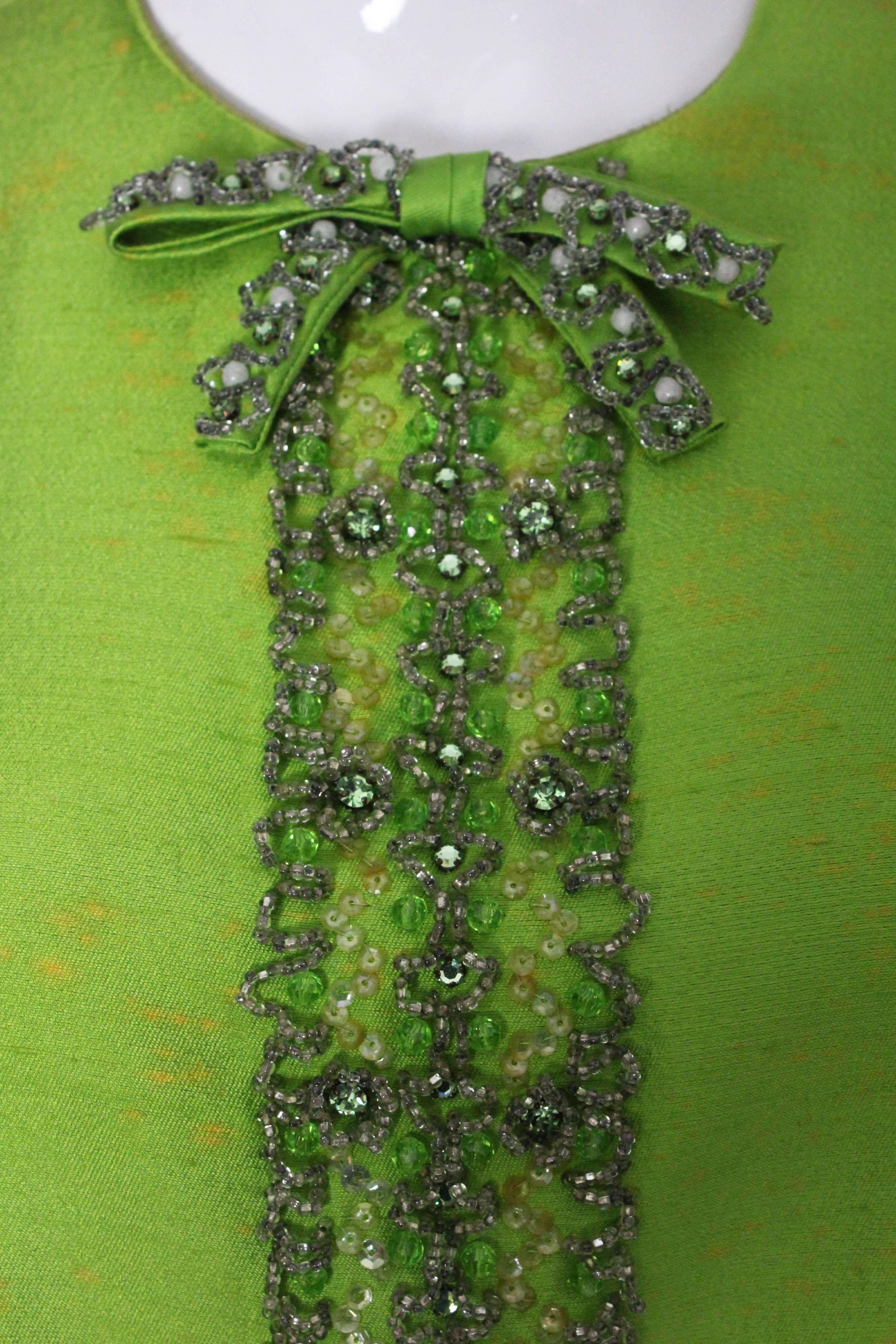 1960s Bright Green Embellished Silk Cocktail Dress For Sale 1