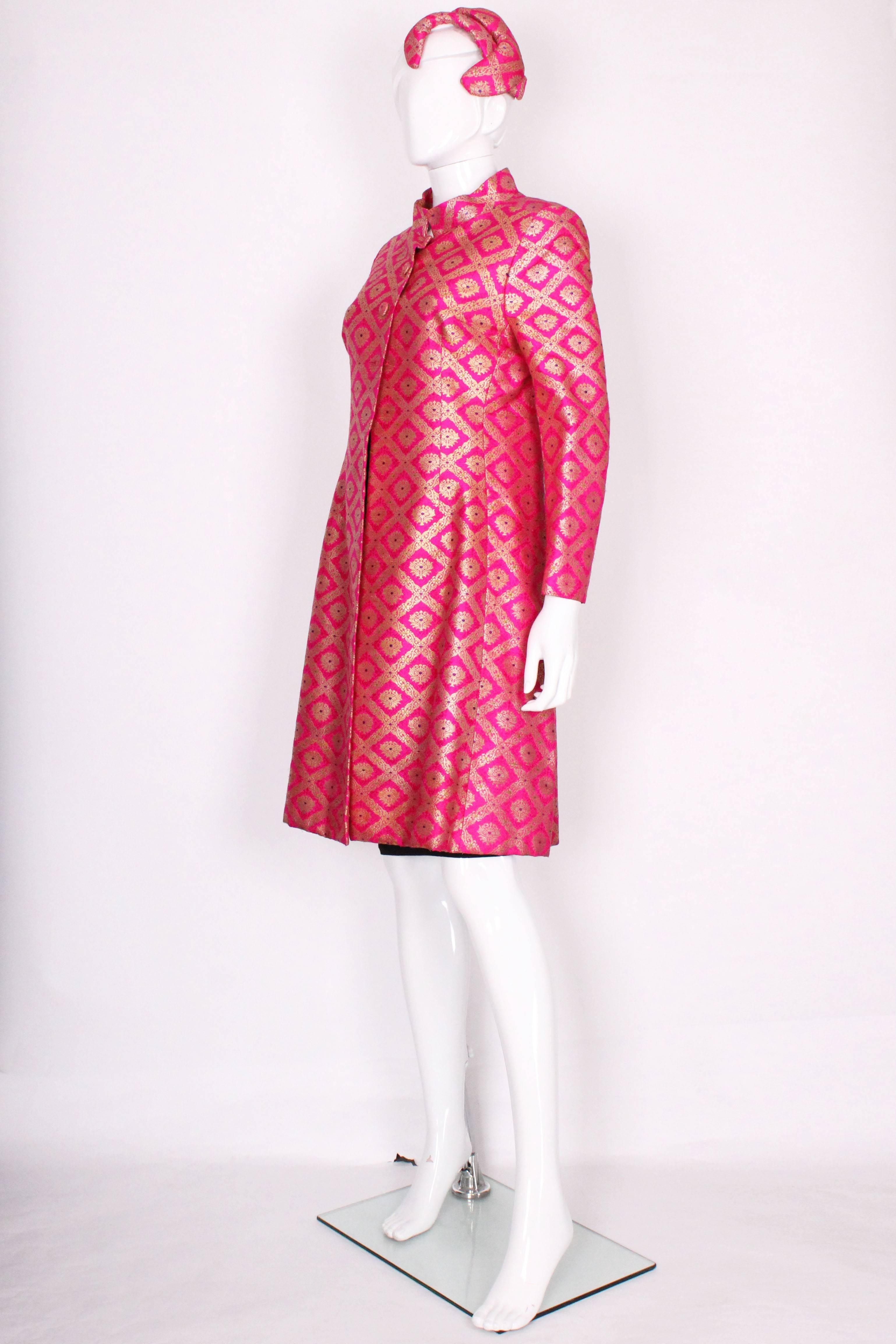 Women's 1960s Indian Silk Patterned Pink and Gold Coat & Headpiece