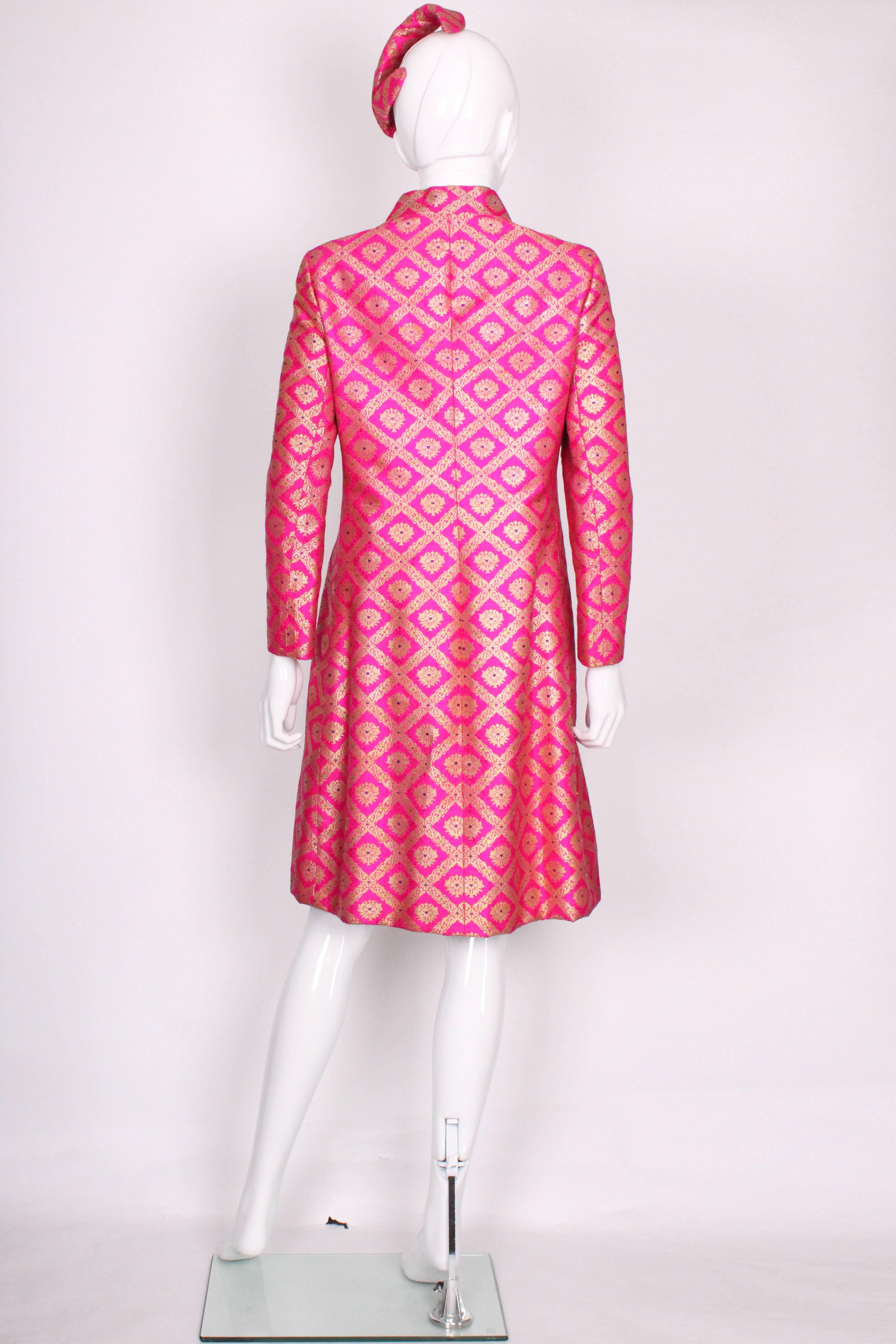 1960s Indian Silk Patterned Pink and Gold Coat & Headpiece 2