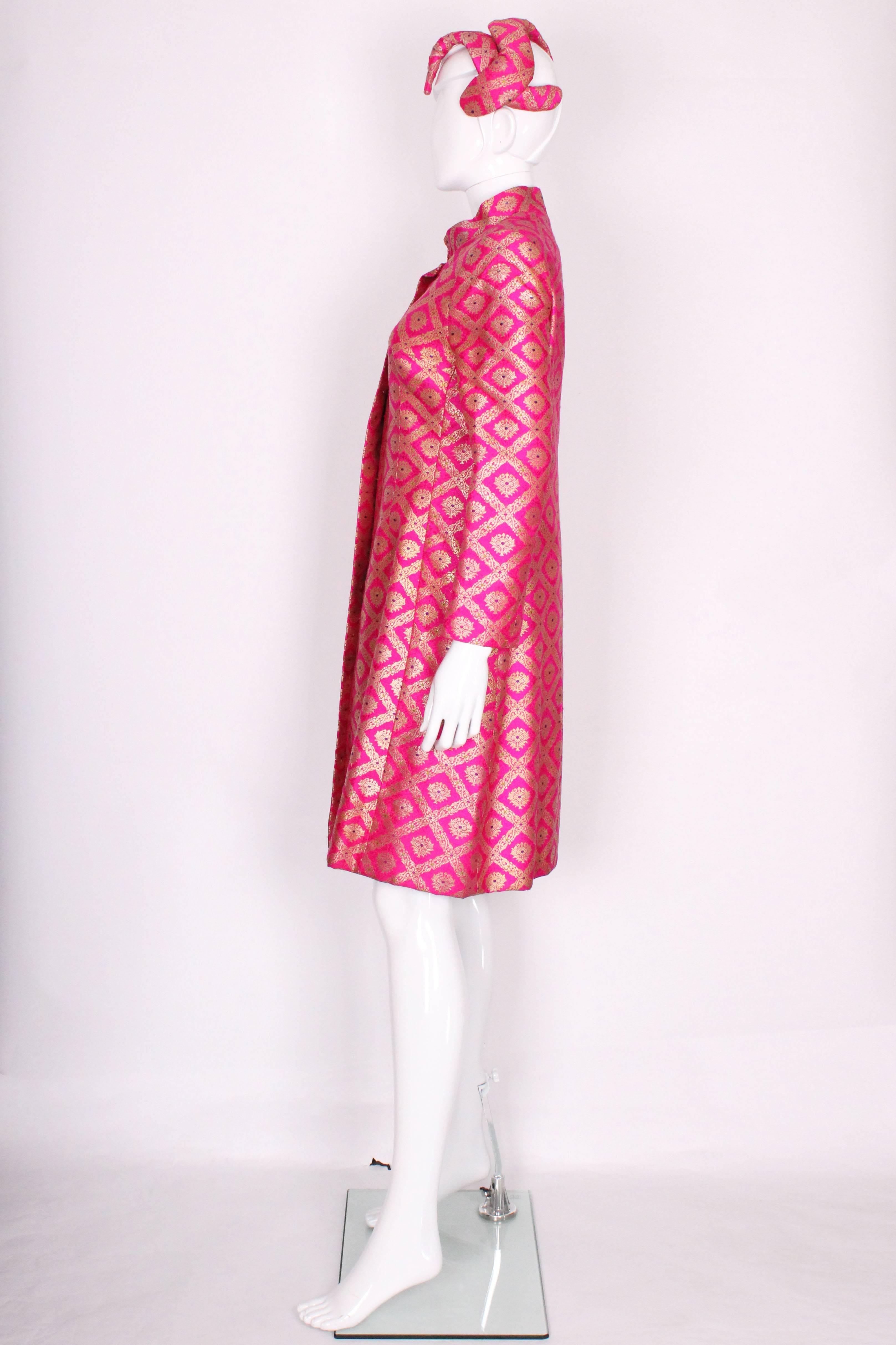 1960s Indian Silk Patterned Pink and Gold Coat & Headpiece 1