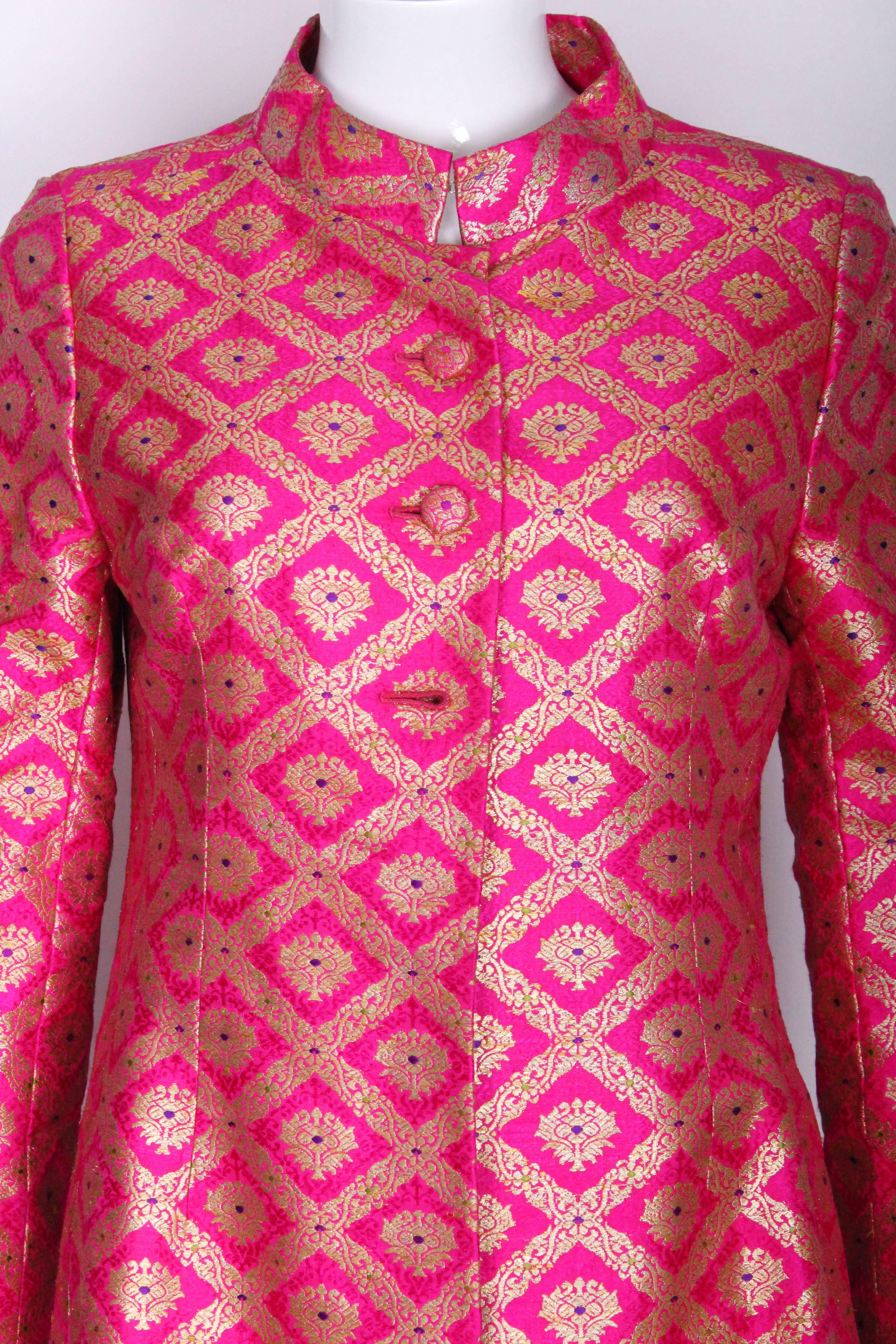 1960s Indian Silk Patterned Pink and Gold Coat & Headpiece 4