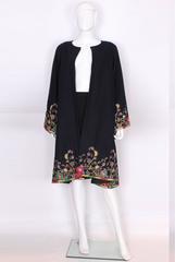 1970s Floral Embroidered Navy Wool Swing Coat