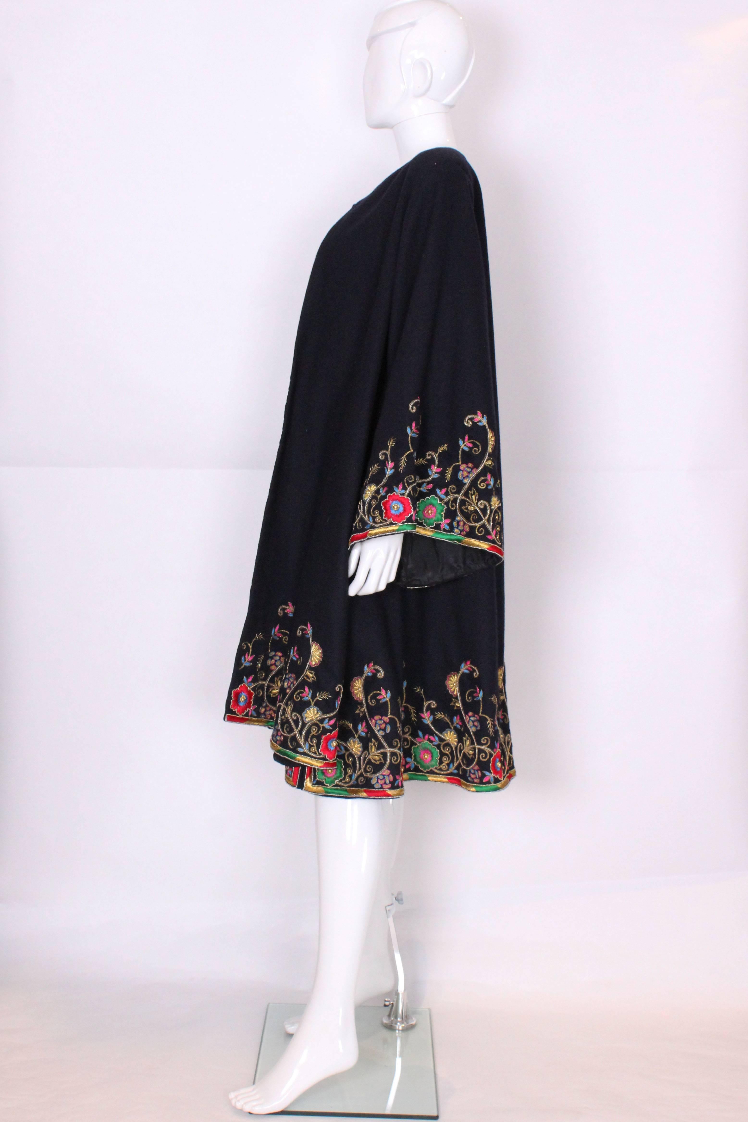 Black 1970s Floral Embroidered Navy Wool Swing Coat