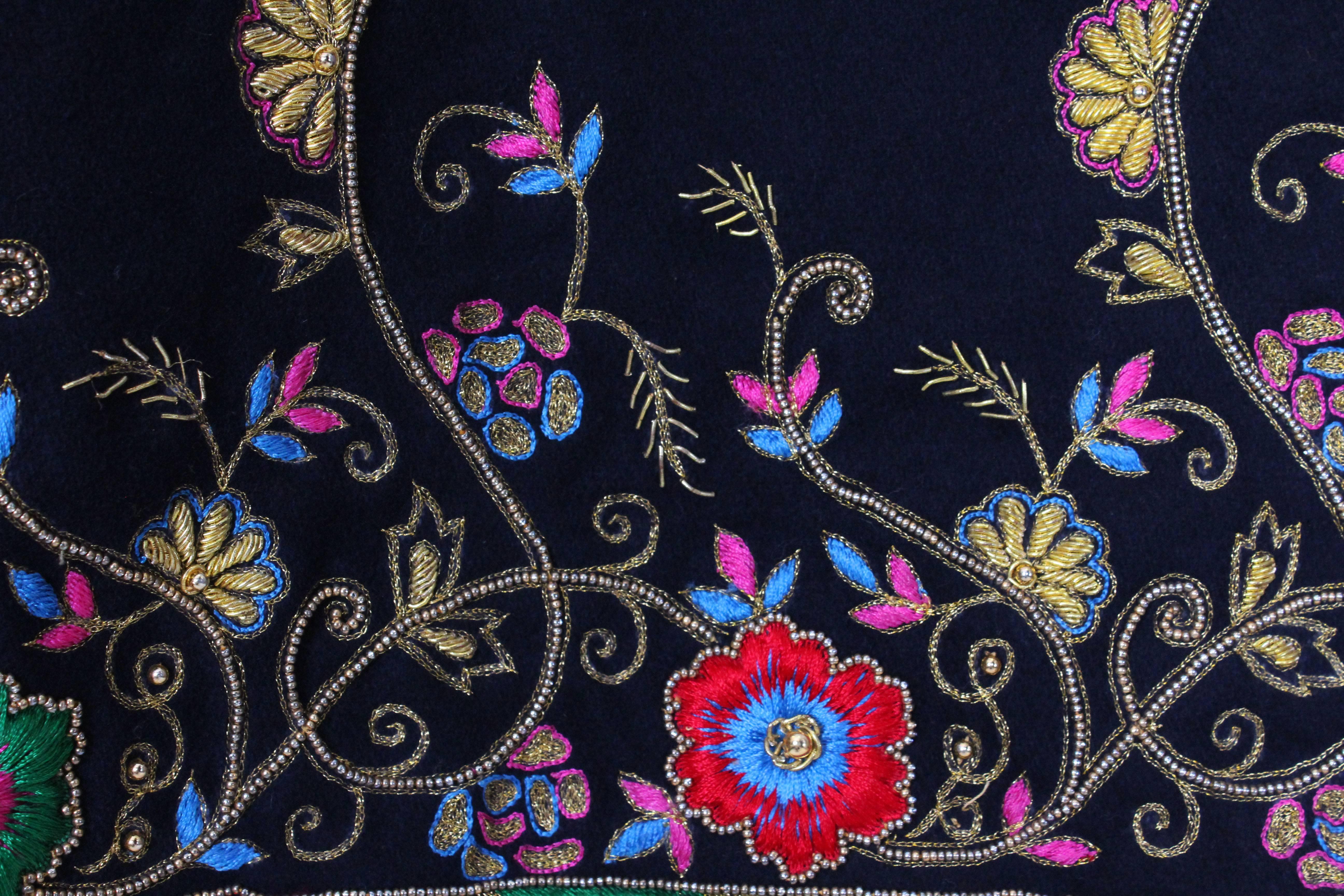 1970s Floral Embroidered Navy Wool Swing Coat 1
