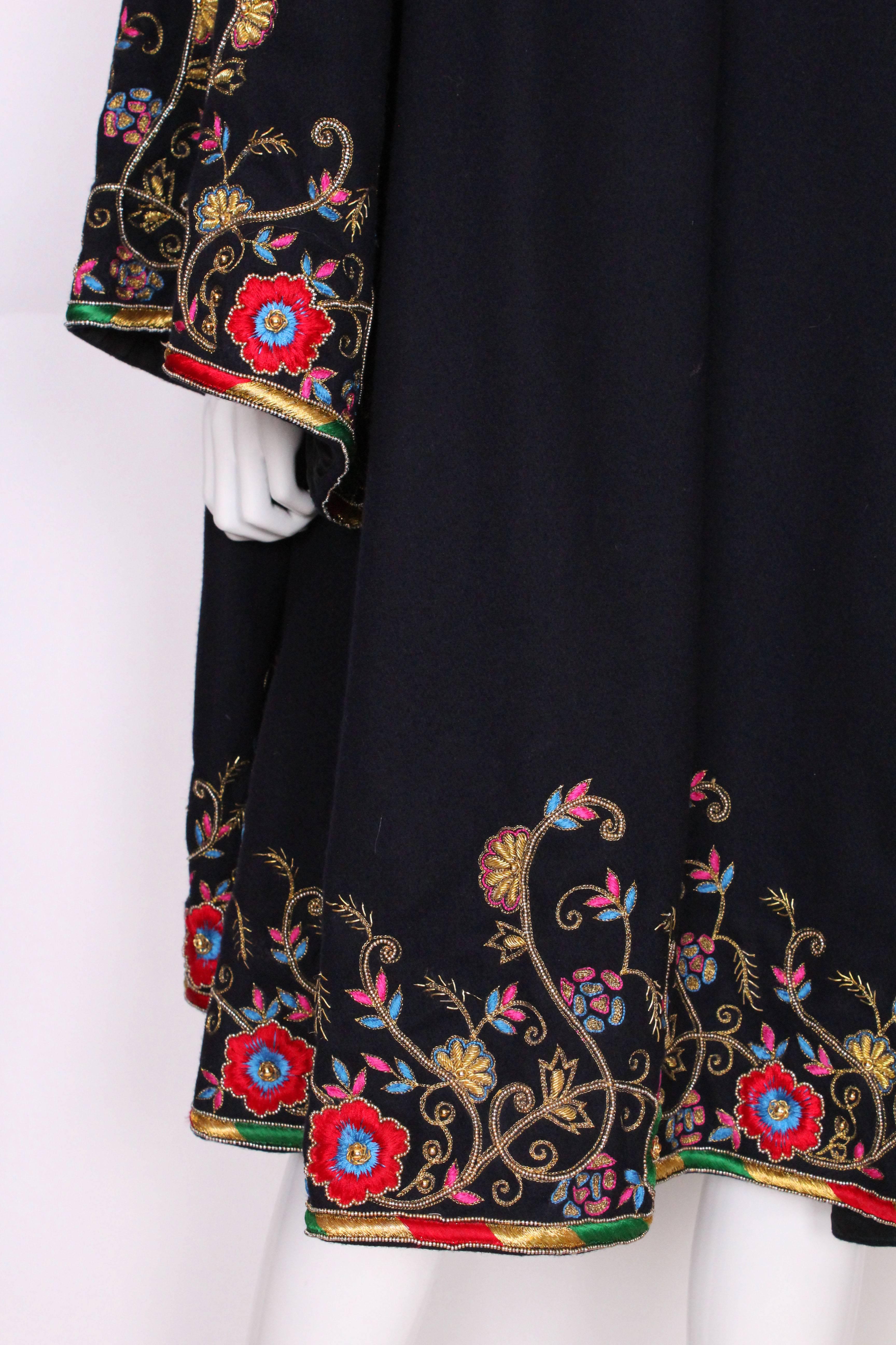 Women's 1970s Floral Embroidered Navy Wool Swing Coat