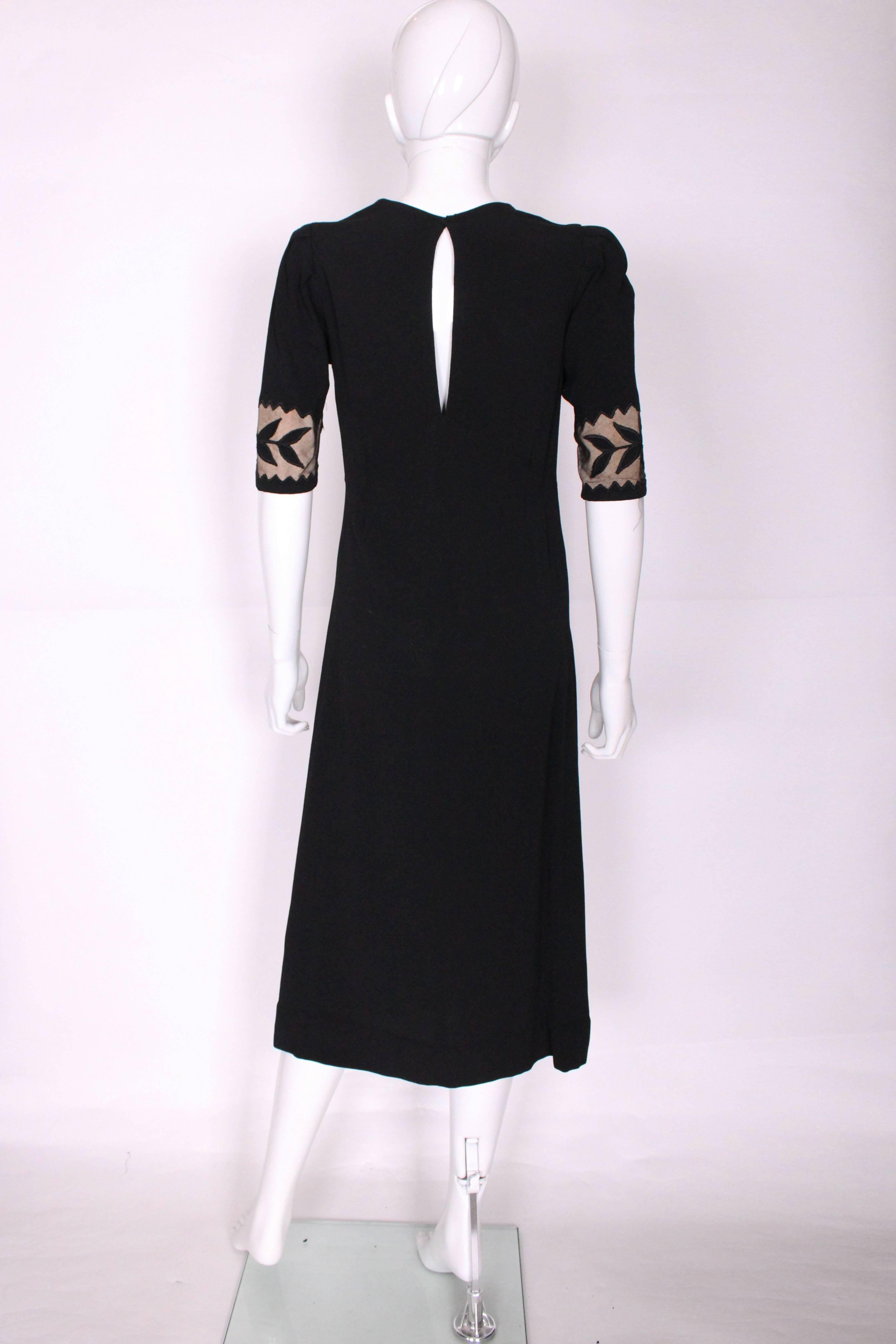 1940s Black Crepe Leaf Detail Applique Dress 1