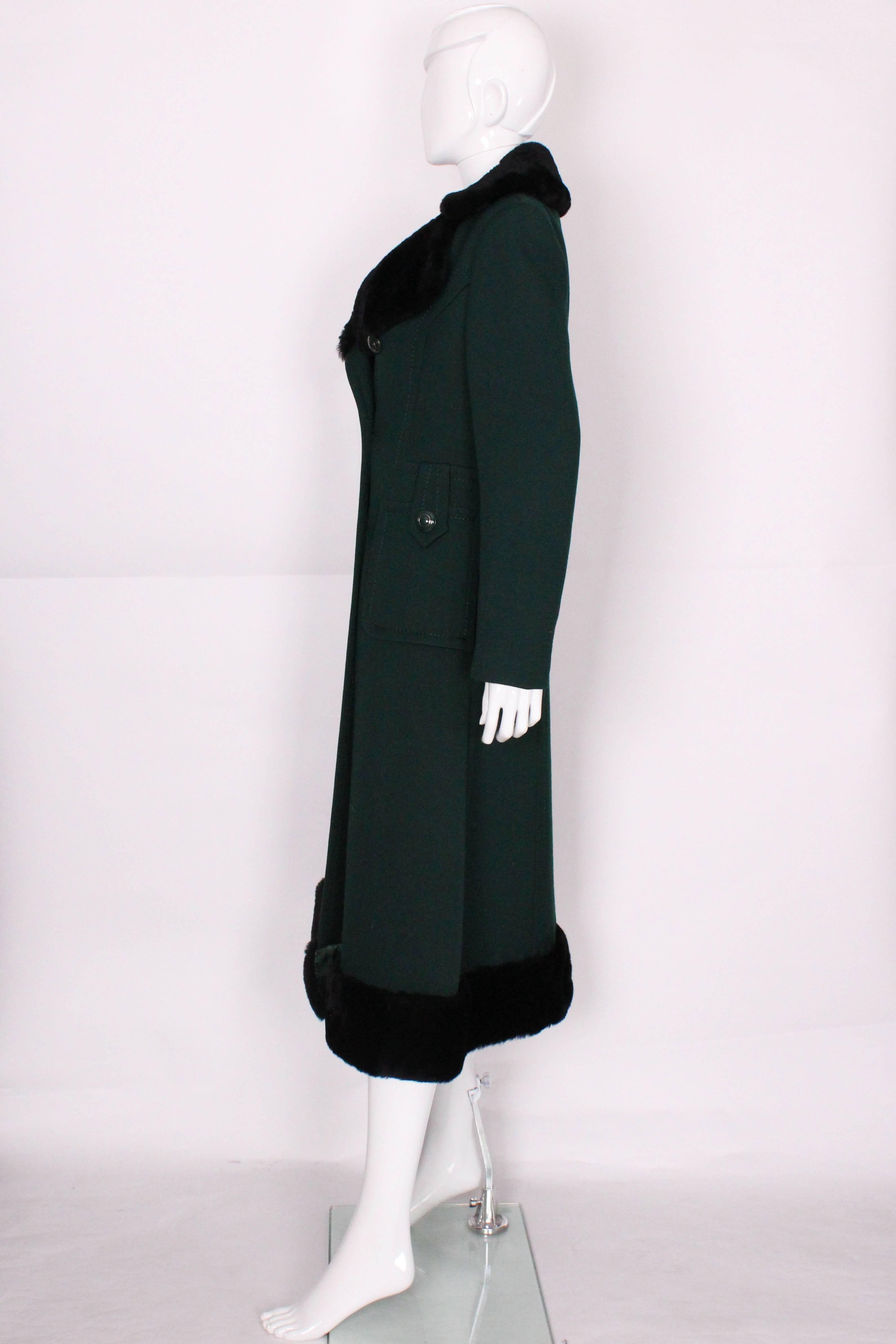 Black Mansfield for Harrods 1970s Dark Green Wool & Faux Fur Coat