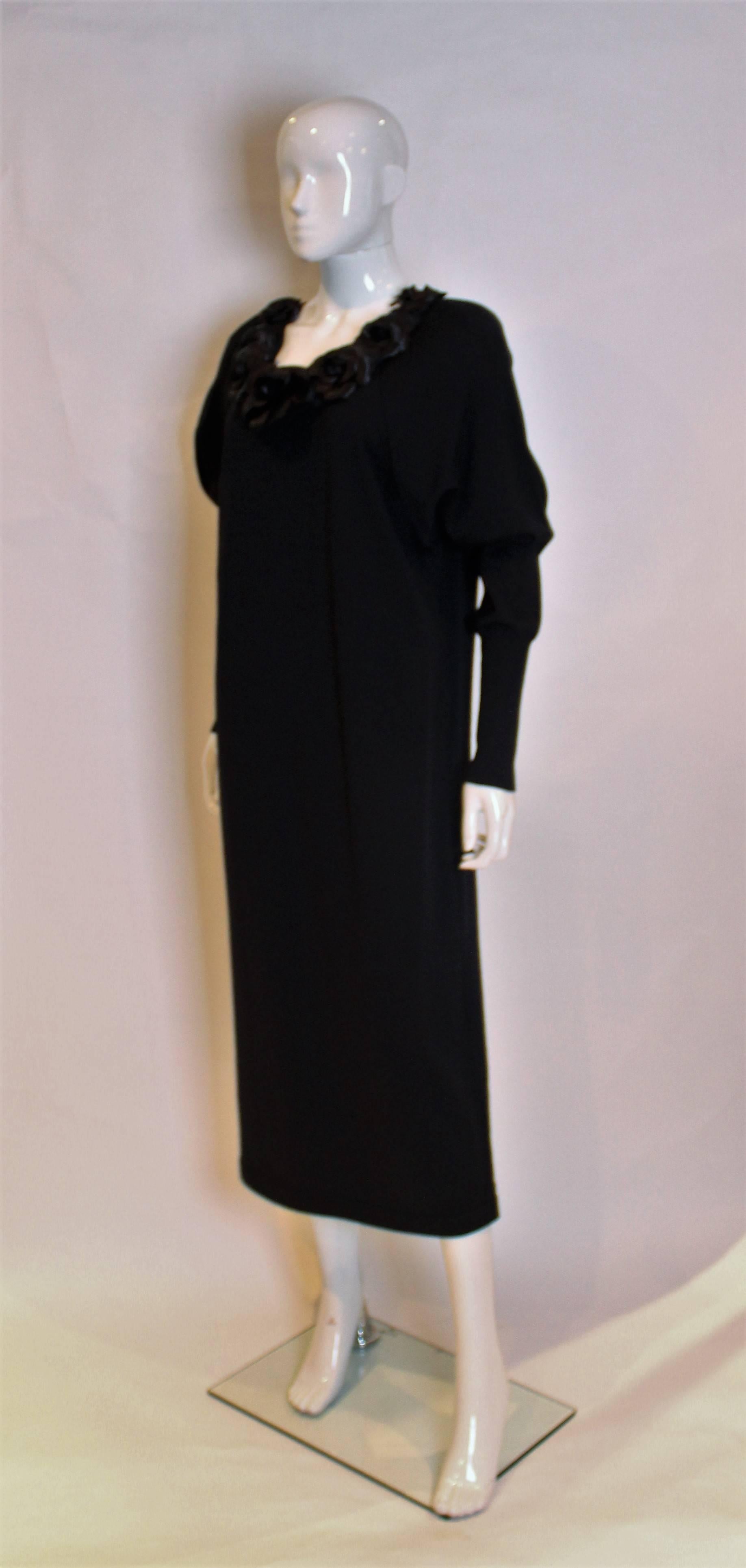 Chanel Boutique Black Sweater Dress with Silk Flowers In Excellent Condition In London, GB
