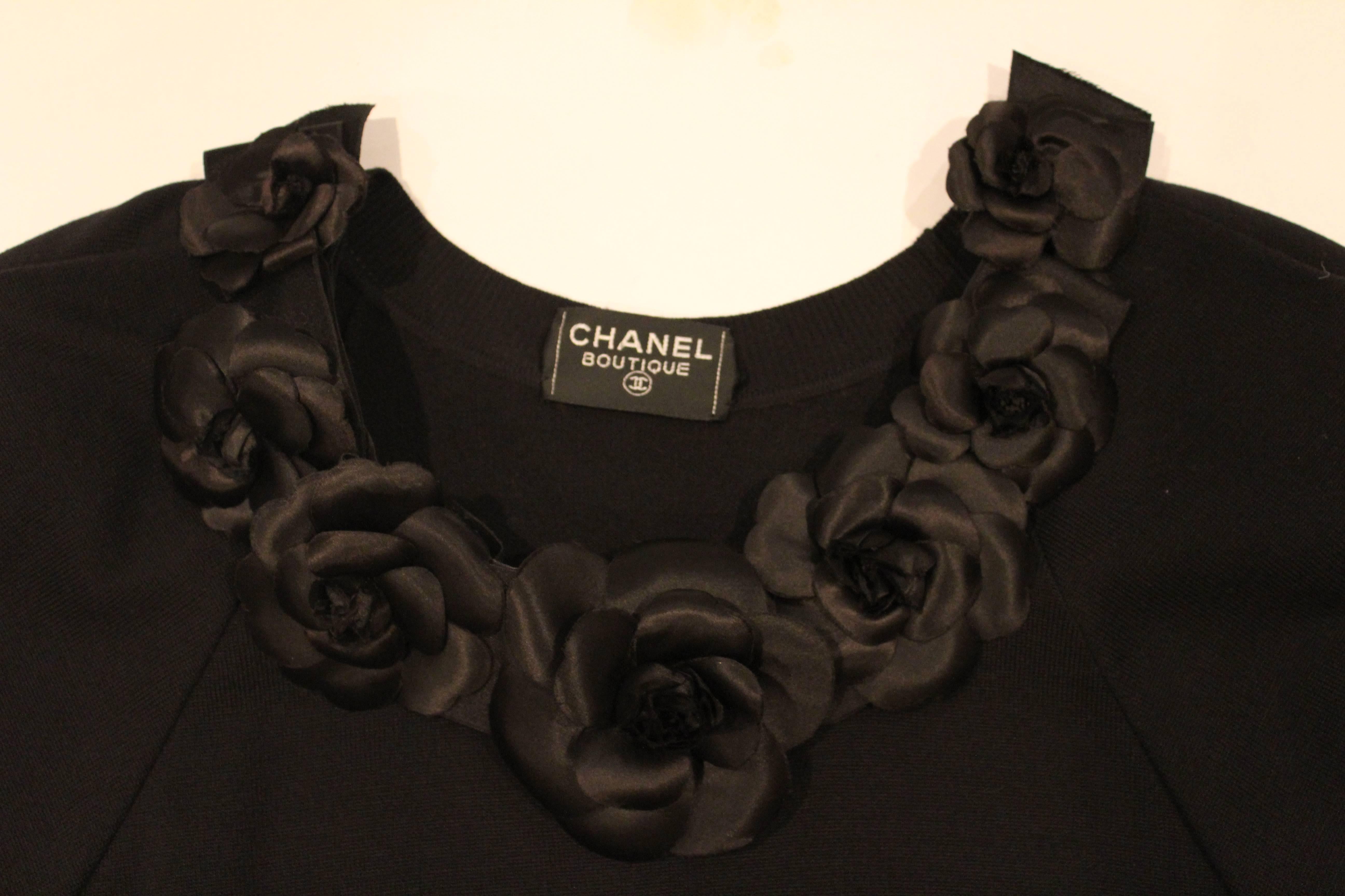 Chanel Boutique Black Sweater Dress with Silk Flowers 1