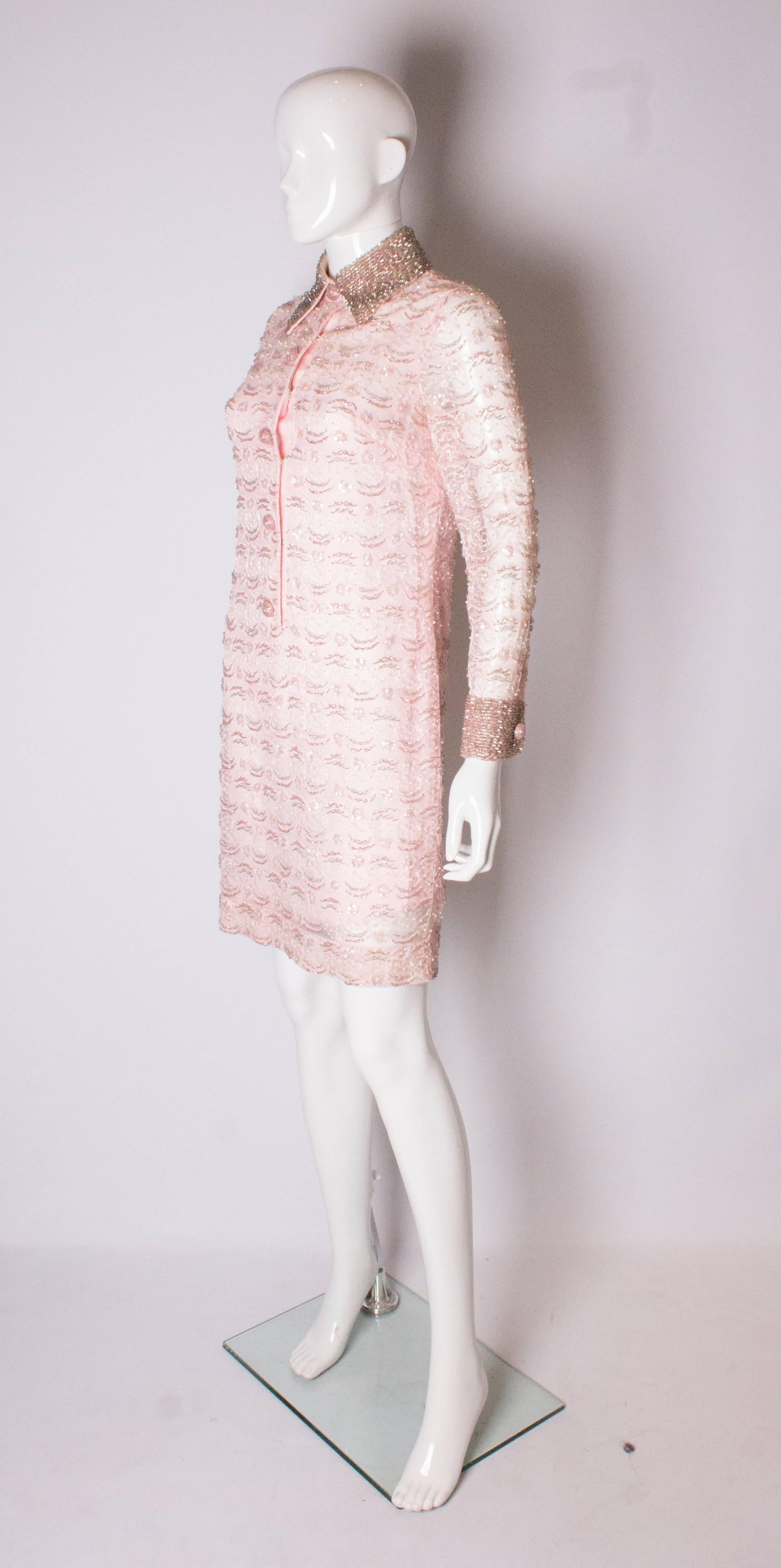 Pink Lace and Bead Vintage Shirtdress In Good Condition In London, GB