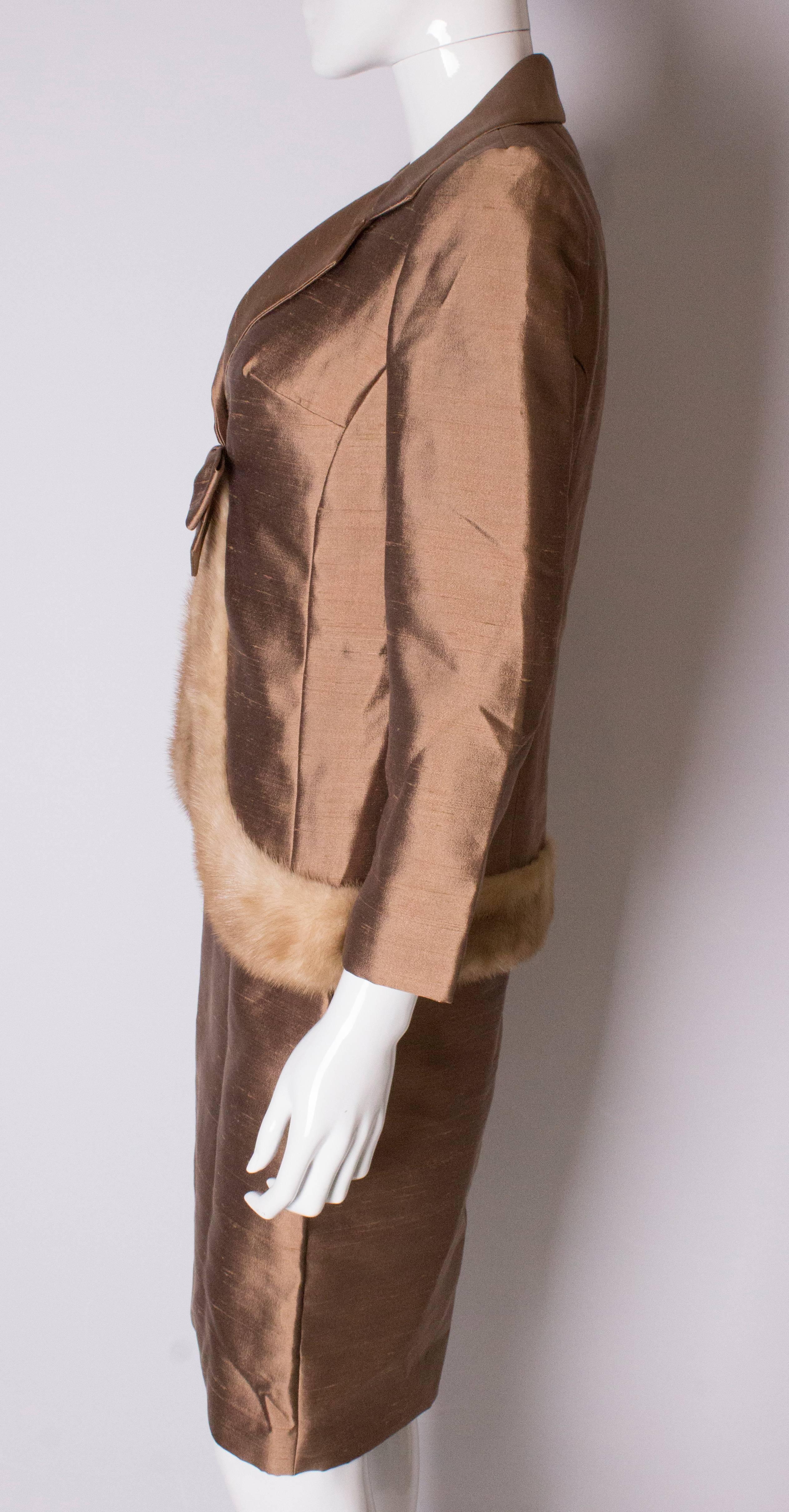 Brown Vintage Gold Silk Dress and Jacket with Fur Trim