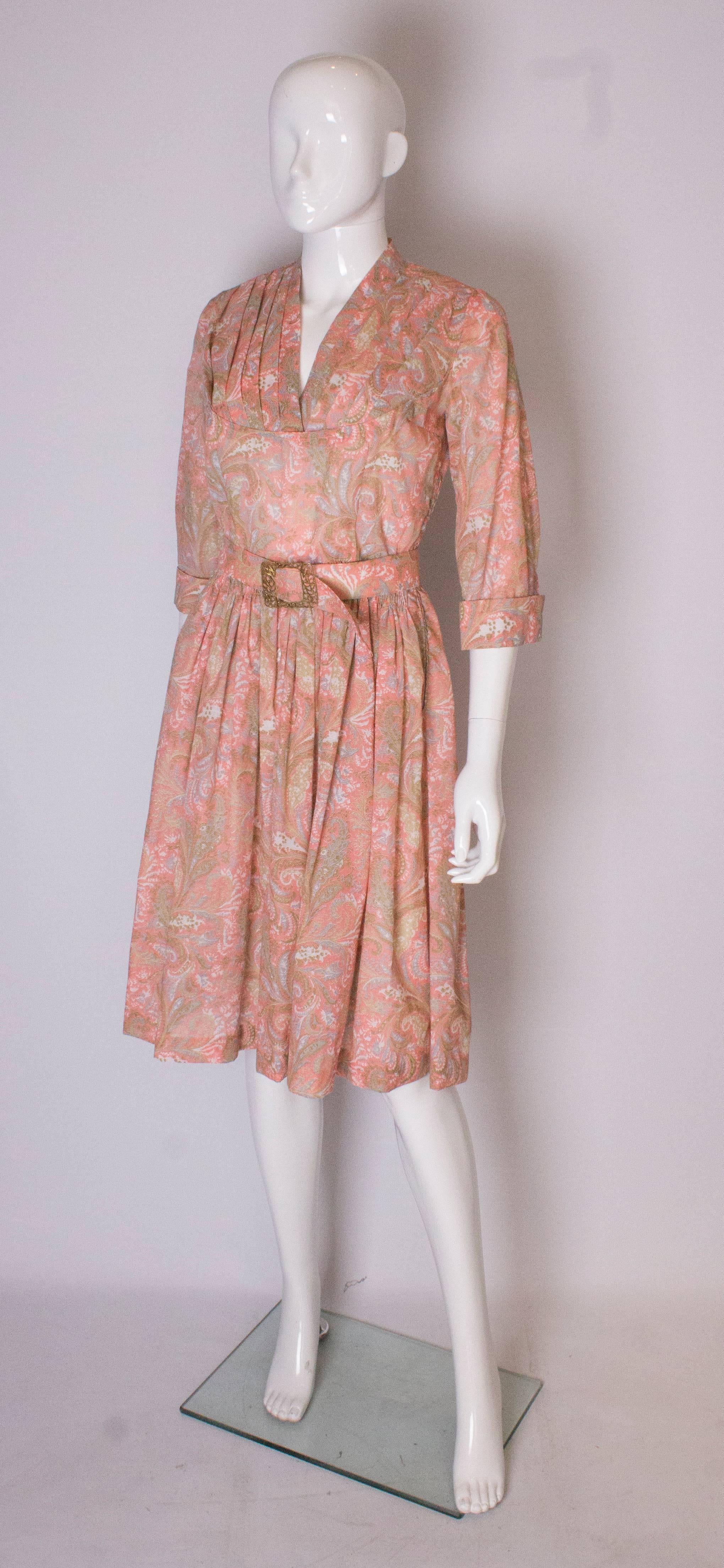 Brown A vintage 1950s Pretty printed cotton day Dress with matching Decorative Belt