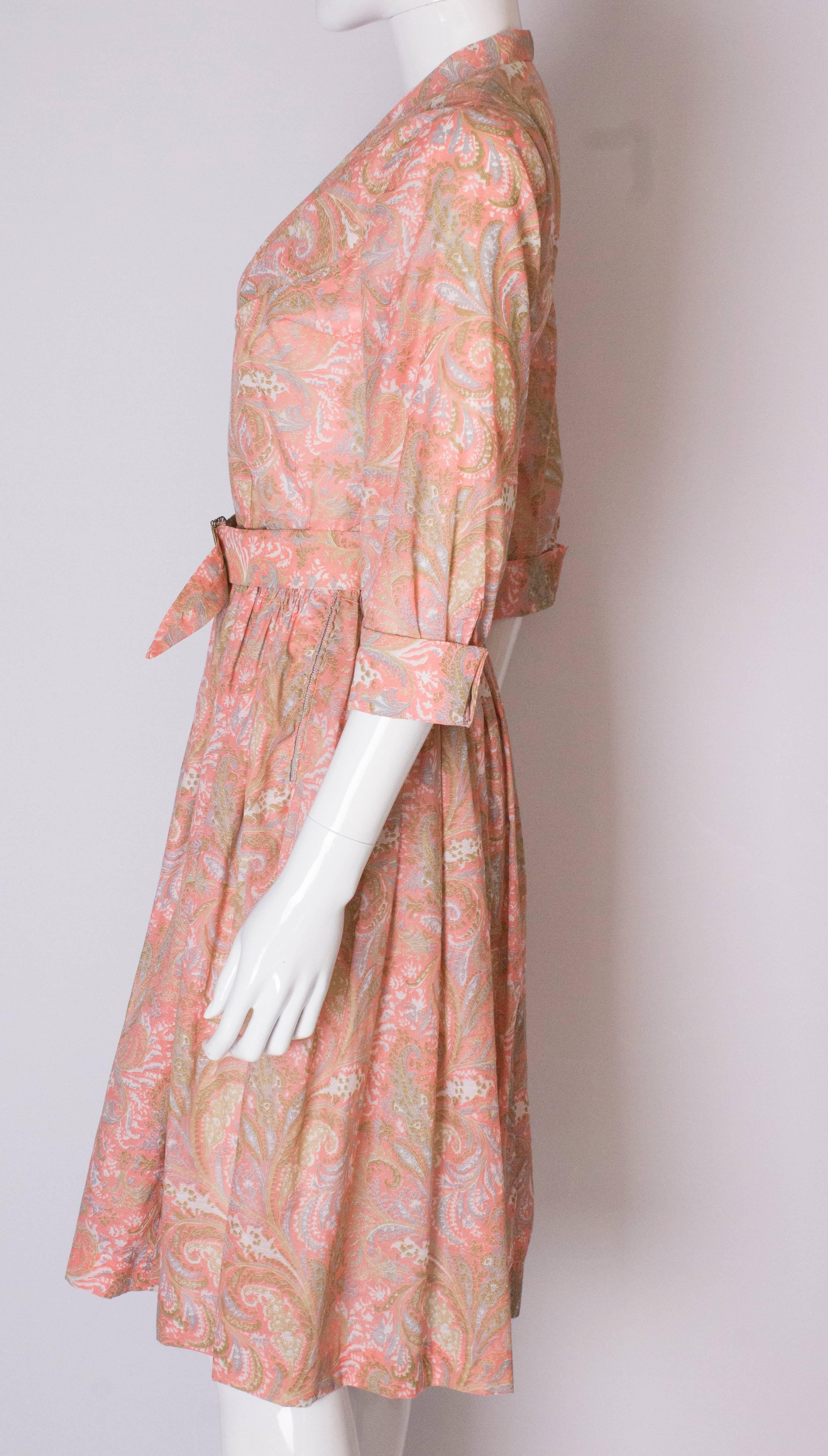 A vintage 1950s Pretty printed cotton day Dress with matching Decorative Belt 1